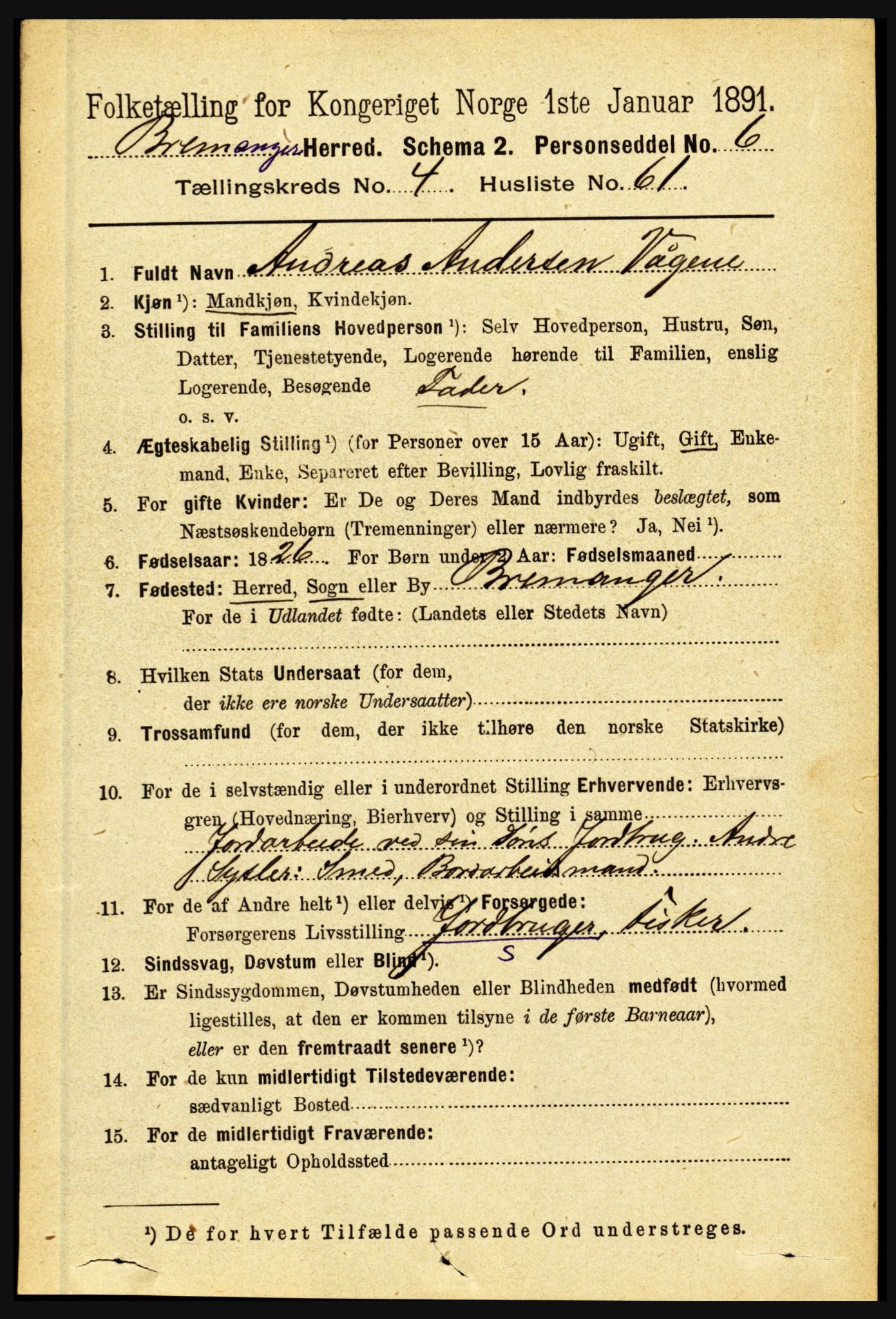 RA, 1891 census for 1438 Bremanger, 1891, p. 1889