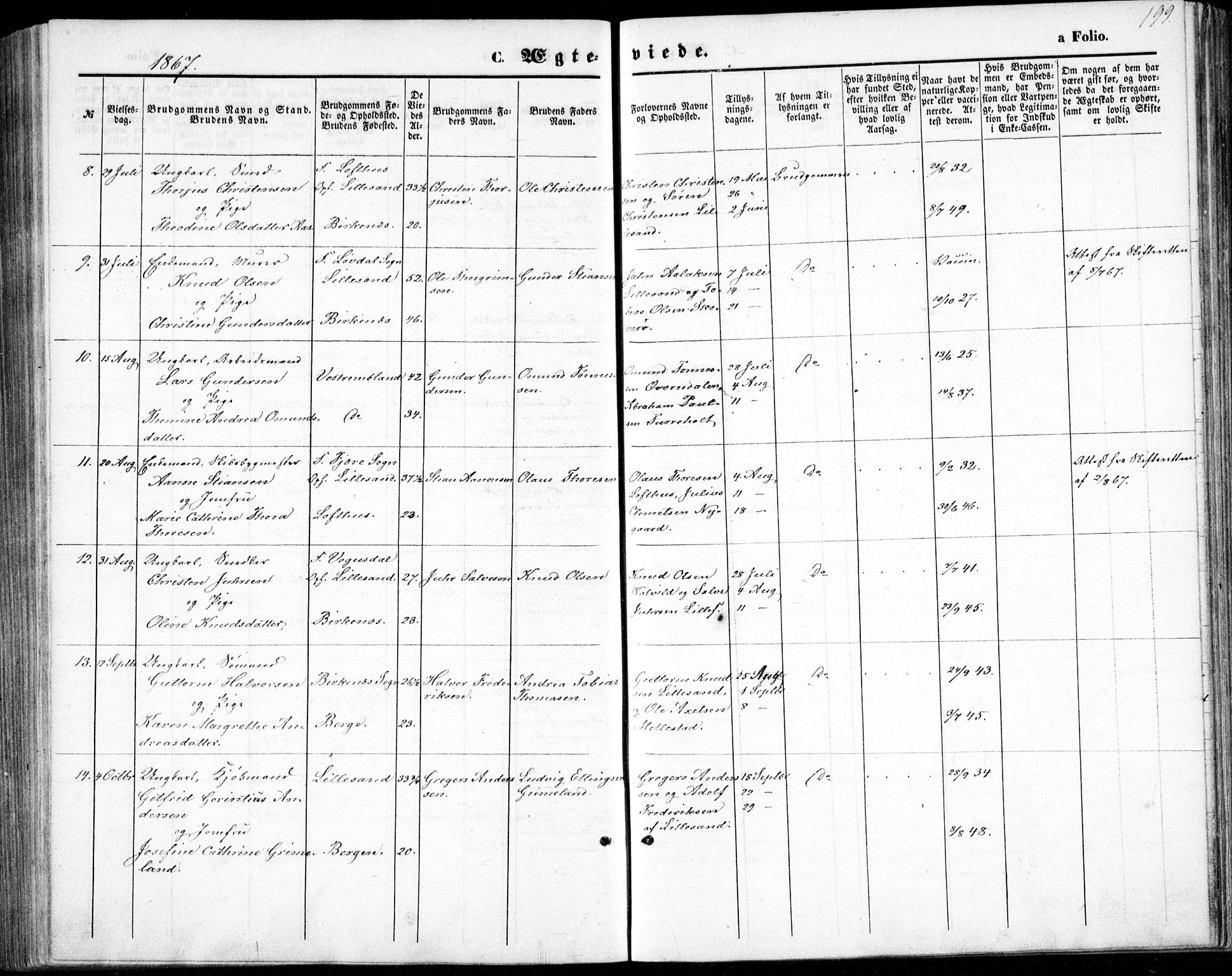 Vestre Moland sokneprestkontor, AV/SAK-1111-0046/F/Fb/Fbb/L0004: Parish register (copy) no. B 4, 1861-1872, p. 199