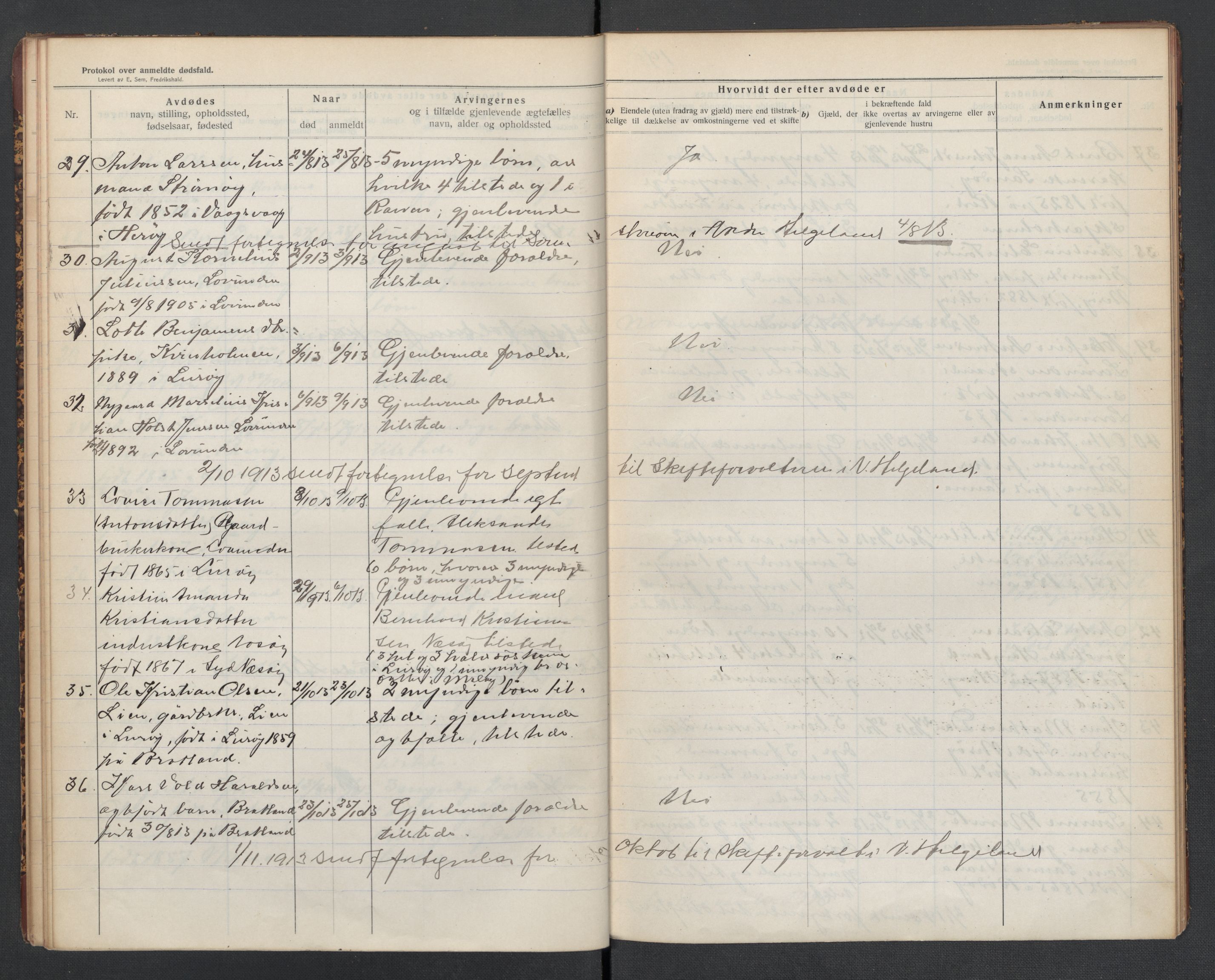 Lurøy og Træna lensmannskontor, AV/SAT-A-5697/1/02/L0002: 2.01.02 - Dødsfallsprotokoll, 1911-1920