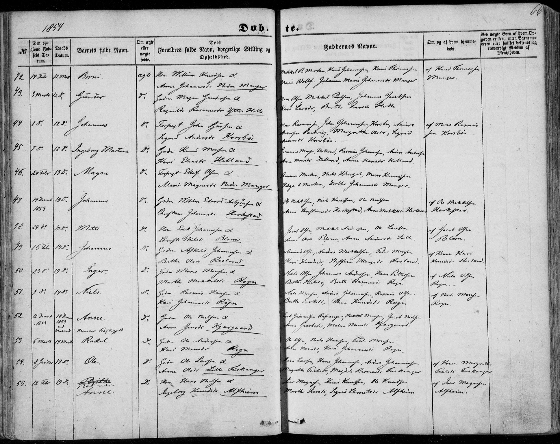 Manger sokneprestembete, AV/SAB-A-76801/H/Haa: Parish register (official) no. A 6, 1849-1859, p. 66