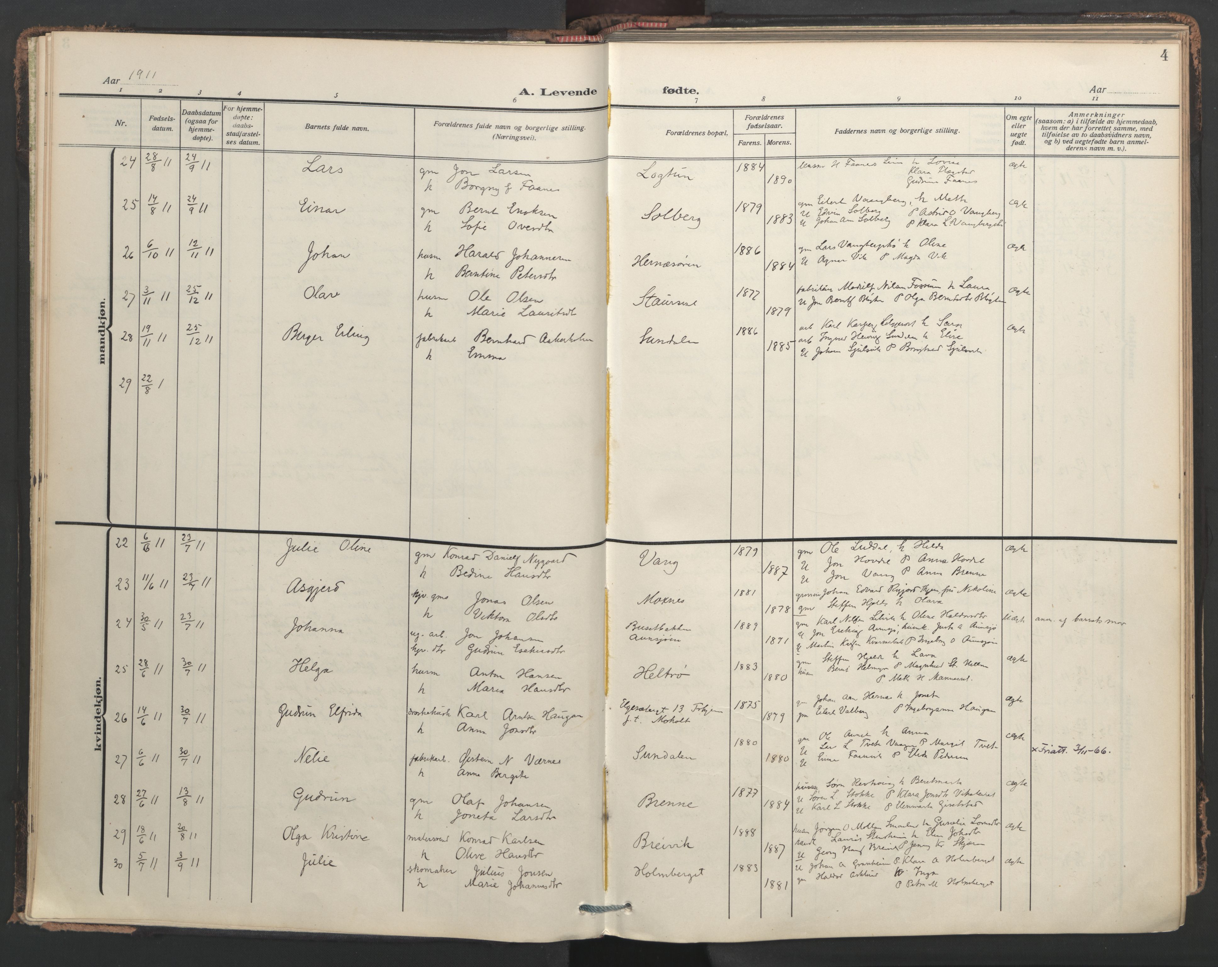 Ministerialprotokoller, klokkerbøker og fødselsregistre - Nord-Trøndelag, AV/SAT-A-1458/713/L0123: Parish register (official) no. 713A12, 1911-1925, p. 4