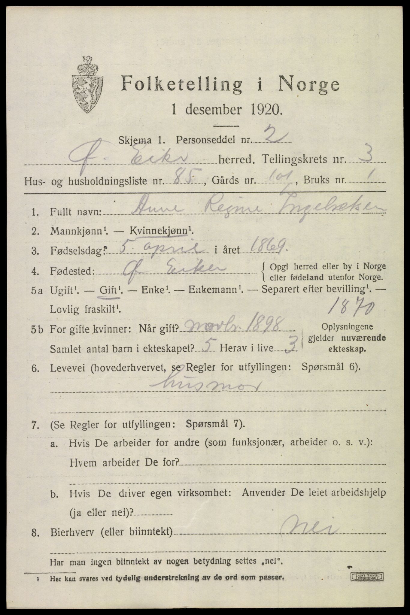 SAKO, 1920 census for Øvre Eiker, 1920, p. 9052