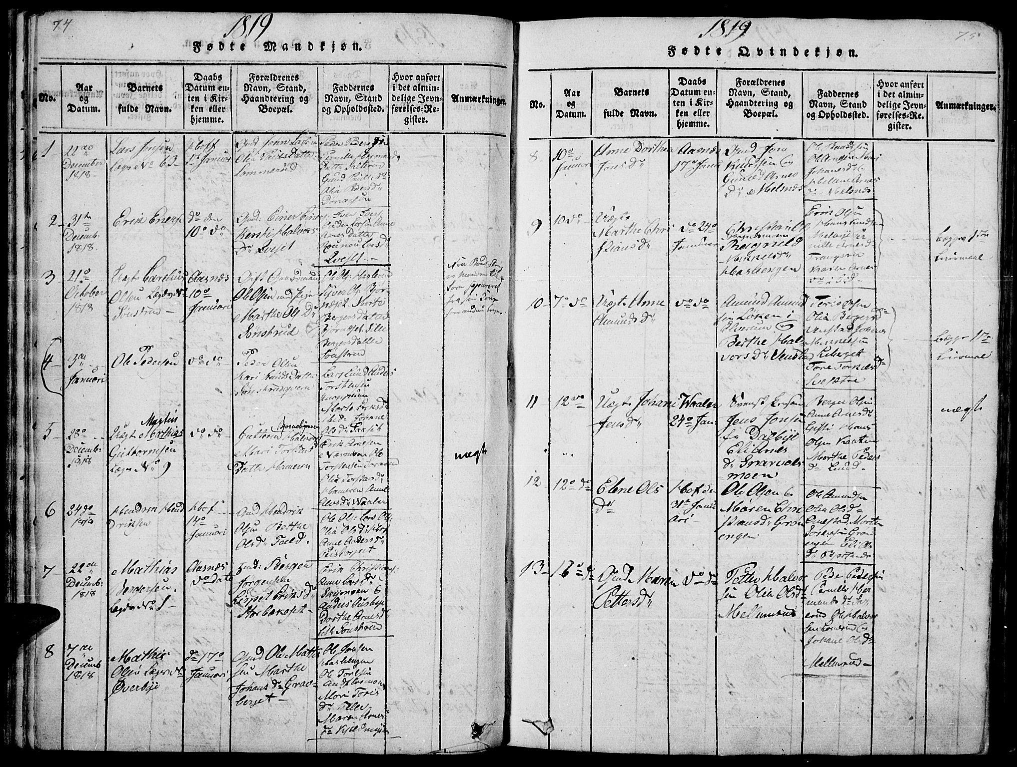 Hof prestekontor, AV/SAH-PREST-038/H/Ha/Haa/L0005: Parish register (official) no. 5, 1816-1822, p. 74-75
