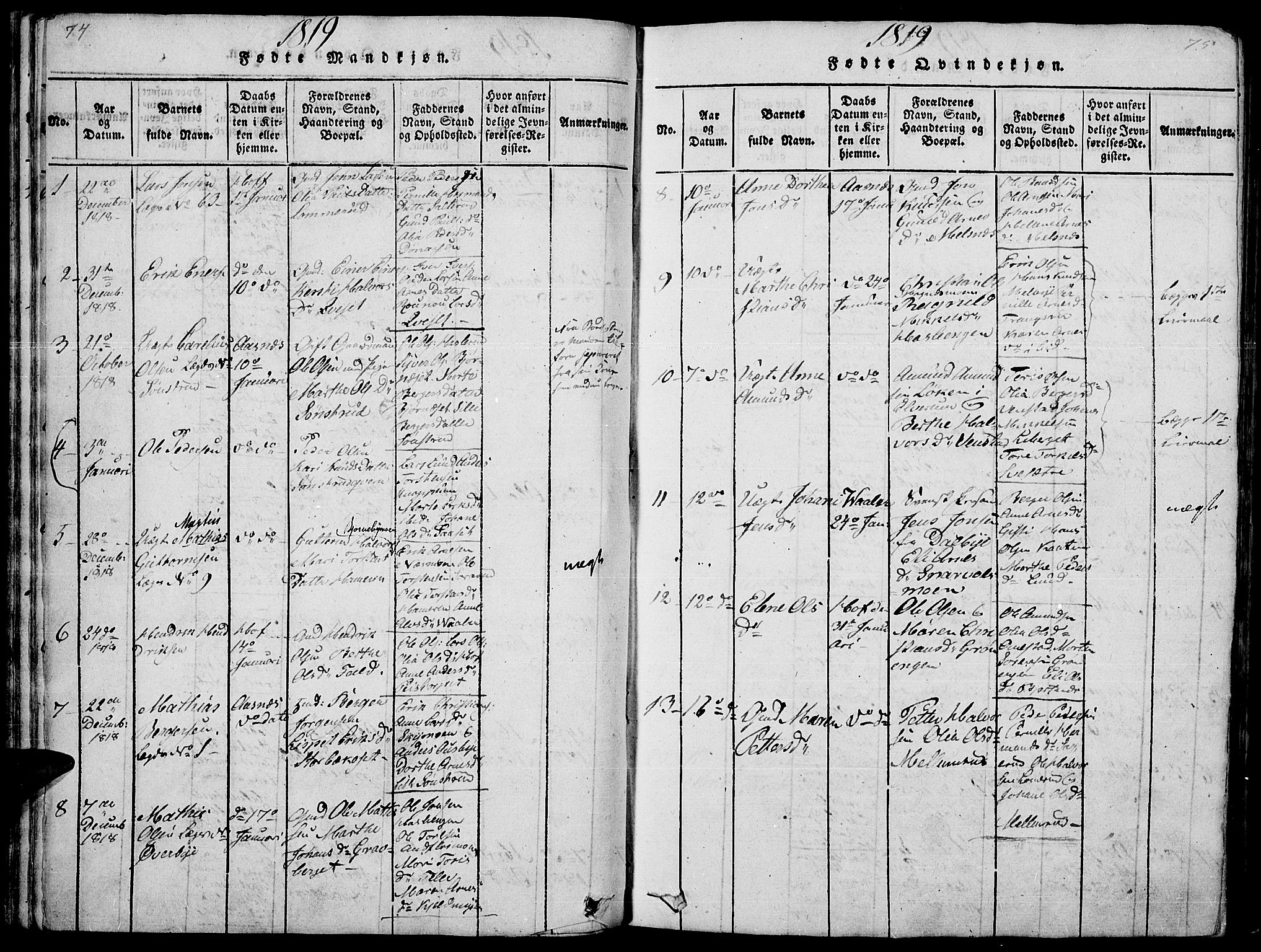 Hof prestekontor, AV/SAH-PREST-038/H/Ha/Haa/L0005: Parish register (official) no. 5, 1816-1822, p. 74-75