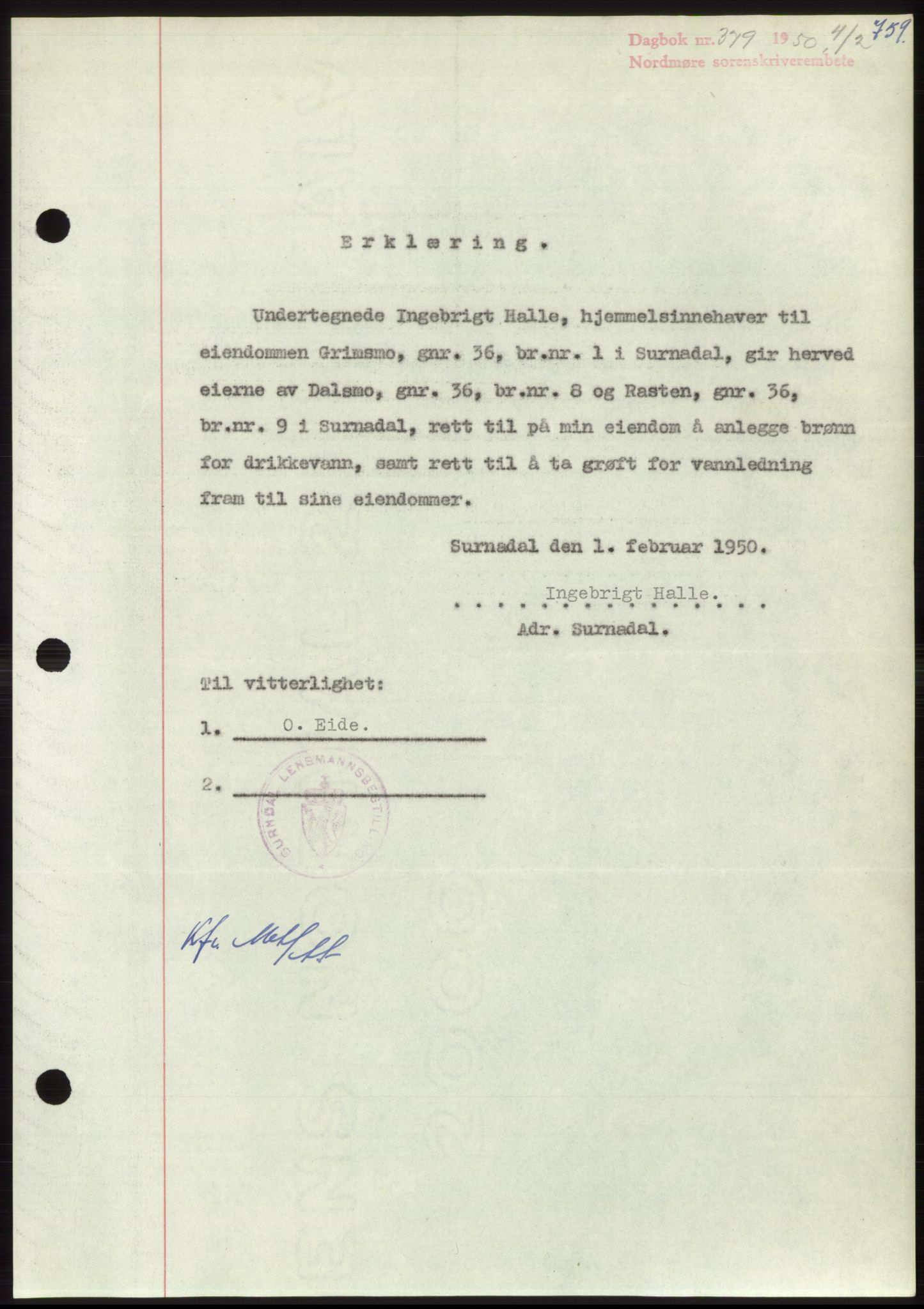 Nordmøre sorenskriveri, AV/SAT-A-4132/1/2/2Ca: Mortgage book no. B103, 1949-1950, Diary no: : 379/1950