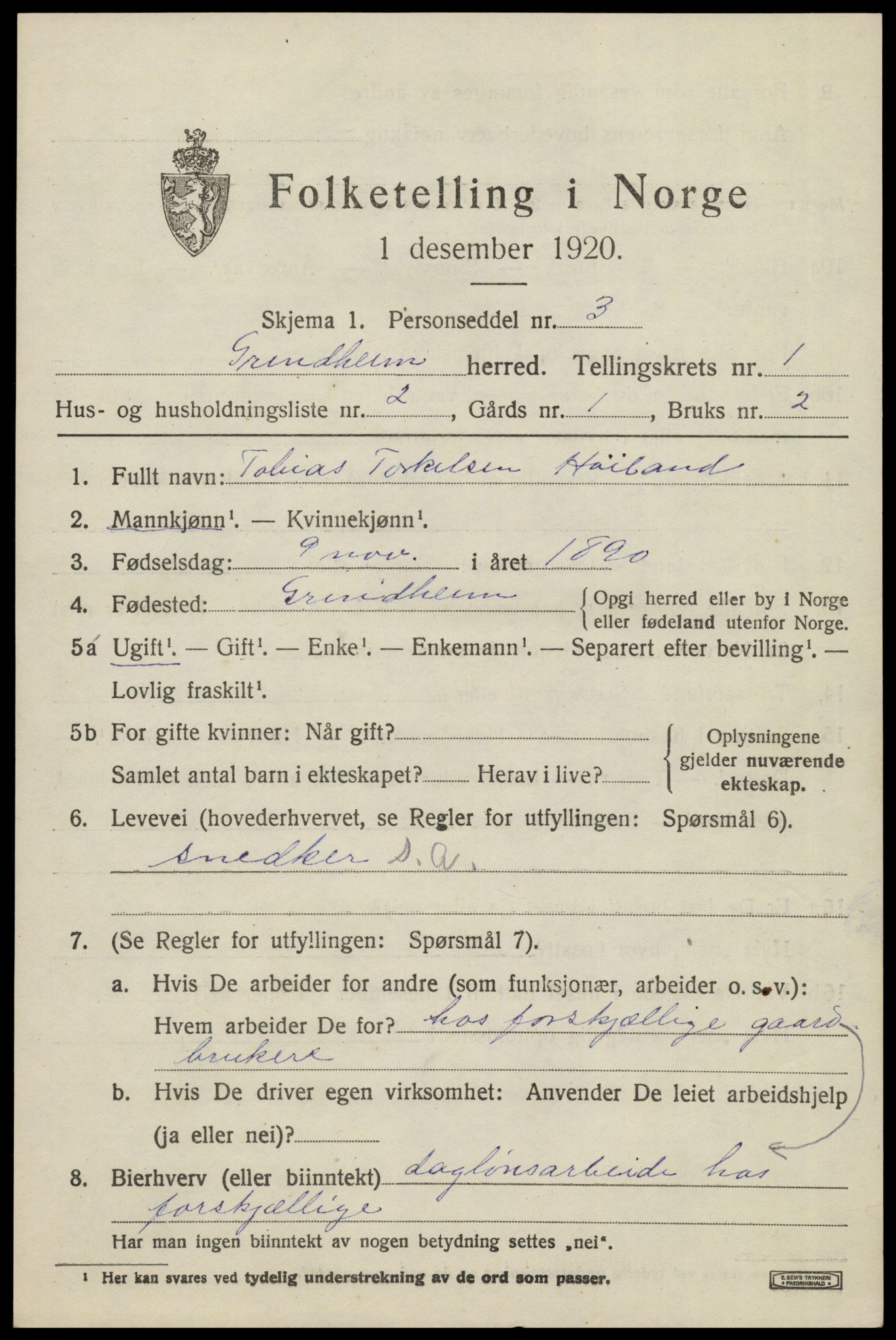 SAK, 1920 census for Grindheim, 1920, p. 419