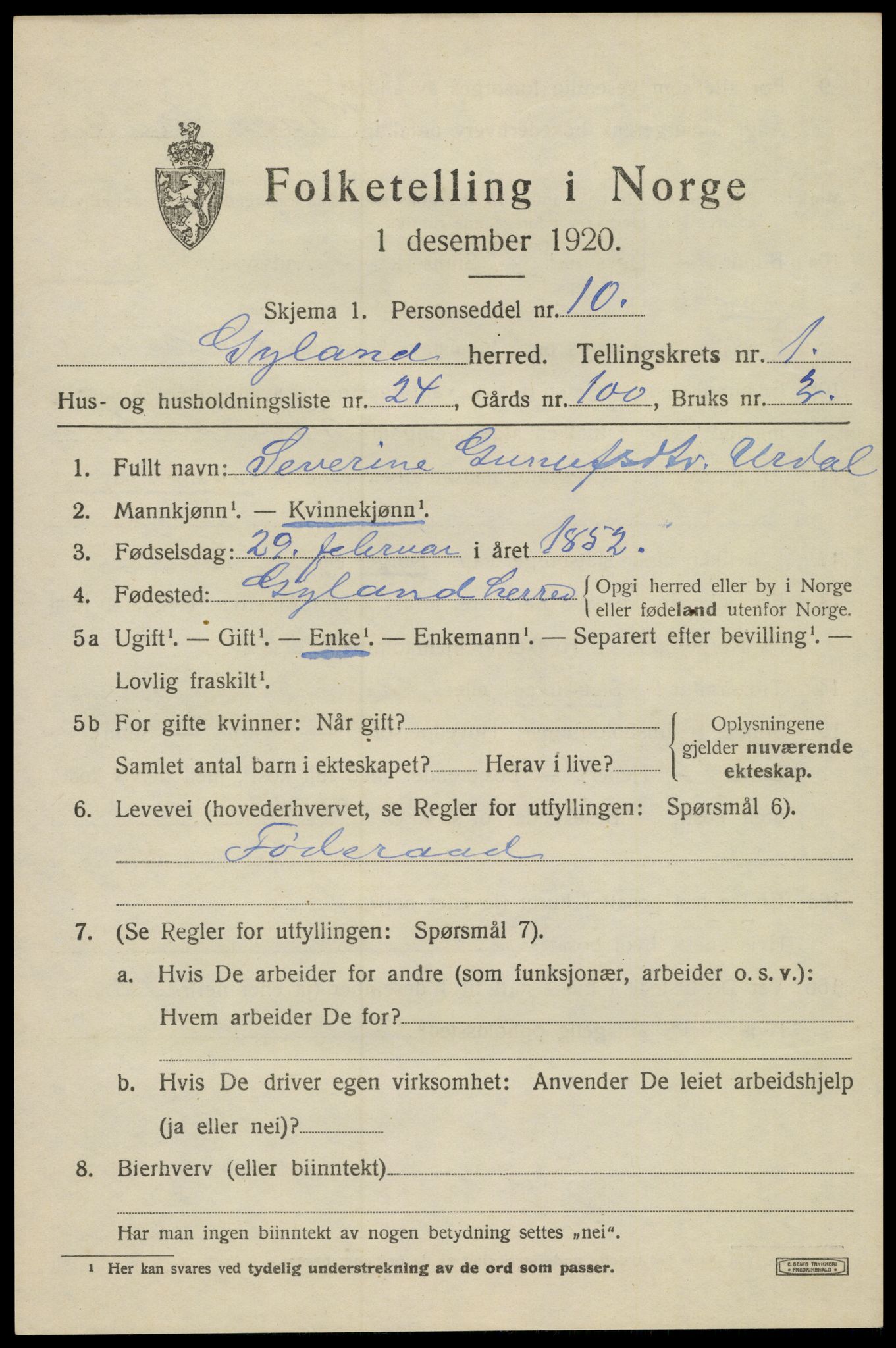 SAK, 1920 census for Gyland, 1920, p. 720