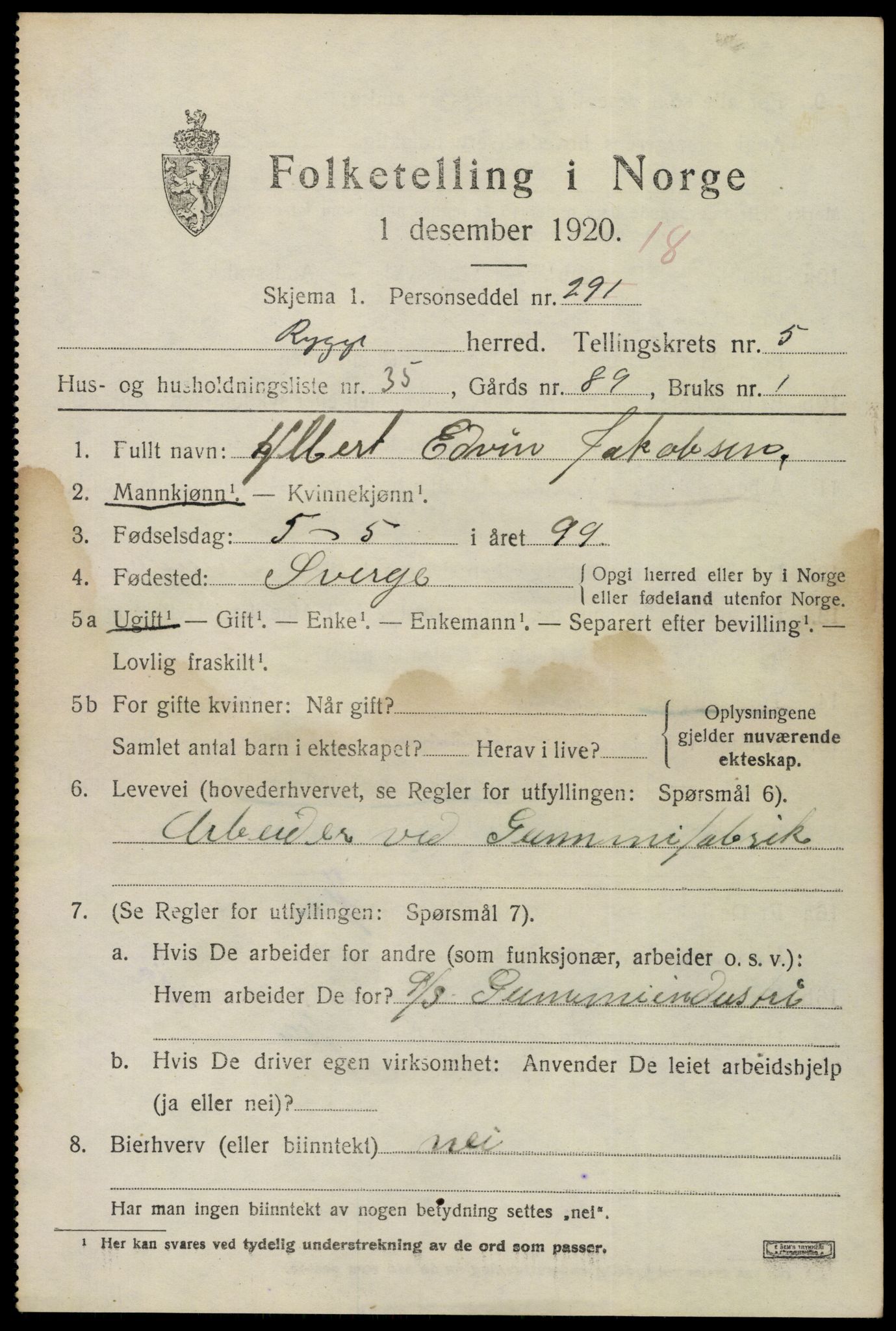 SAO, 1920 census for Rygge, 1920, p. 10169