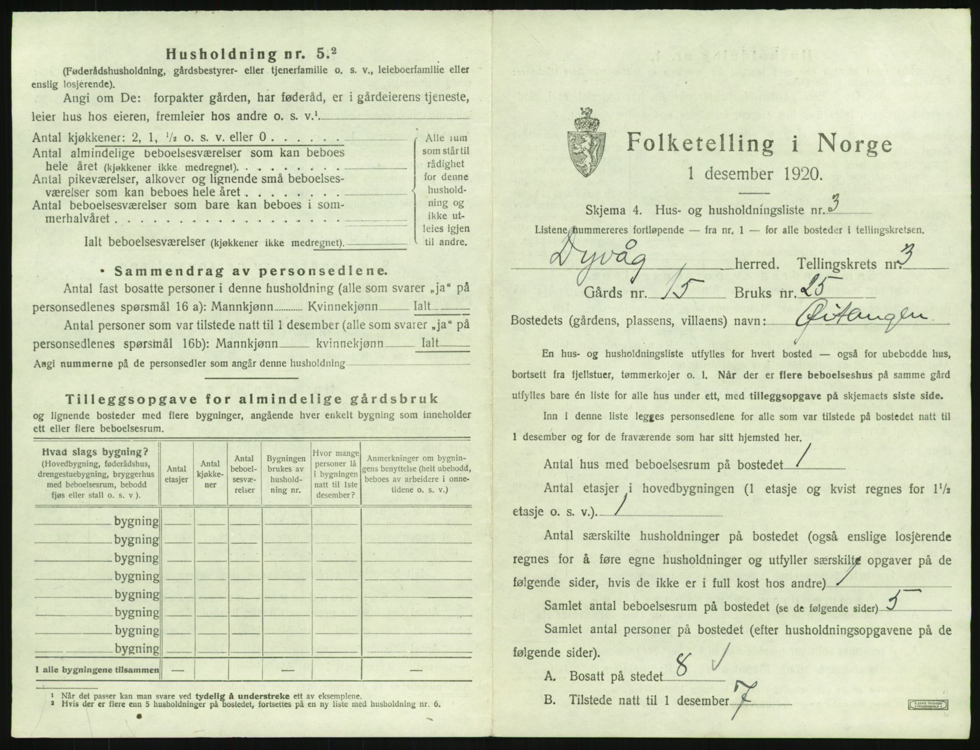 SAK, 1920 census for Dypvåg, 1920, p. 307