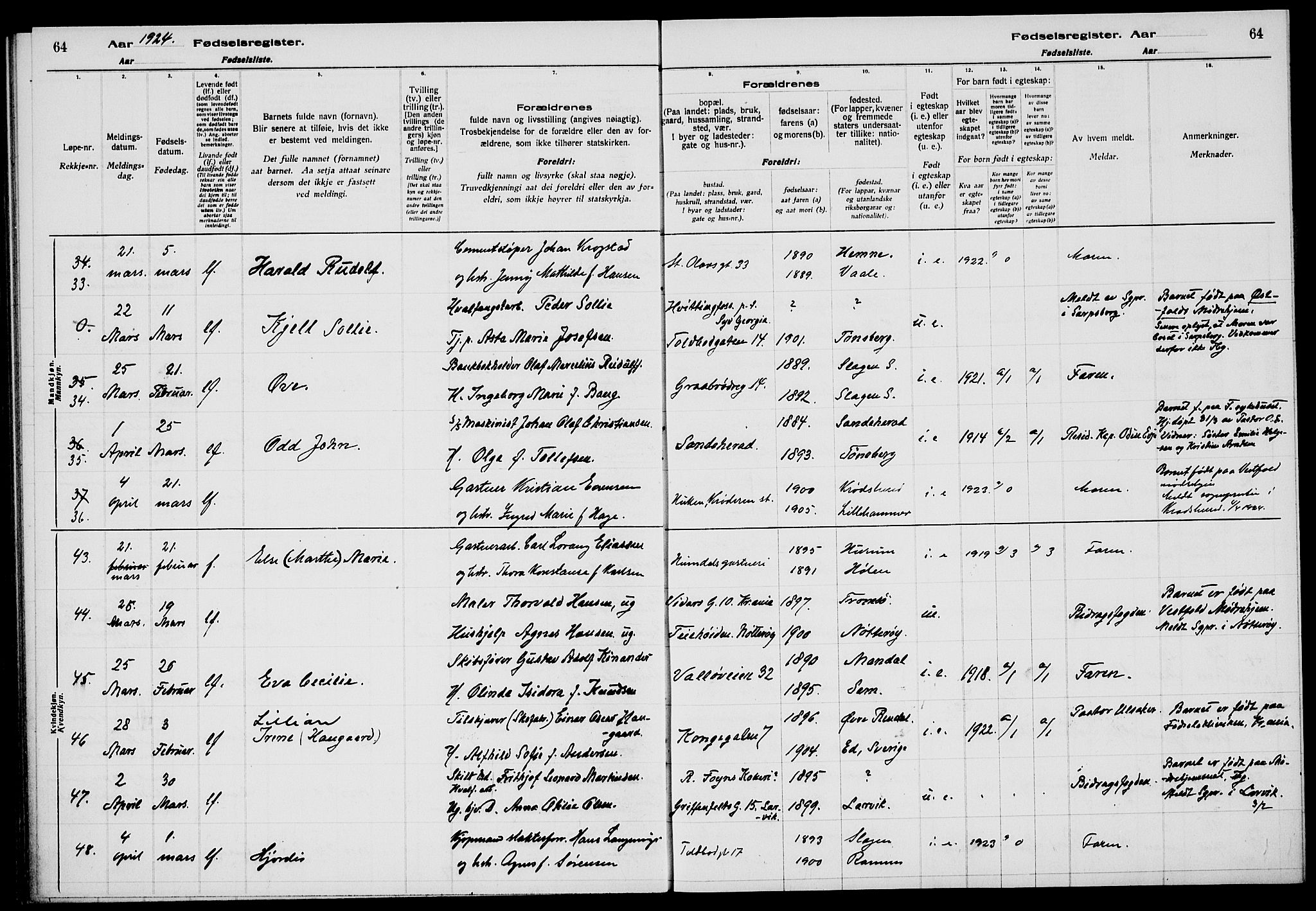 Tønsberg kirkebøker, AV/SAKO-A-330/J/Ja/L0002: Birth register no. 2, 1922-1928, p. 64