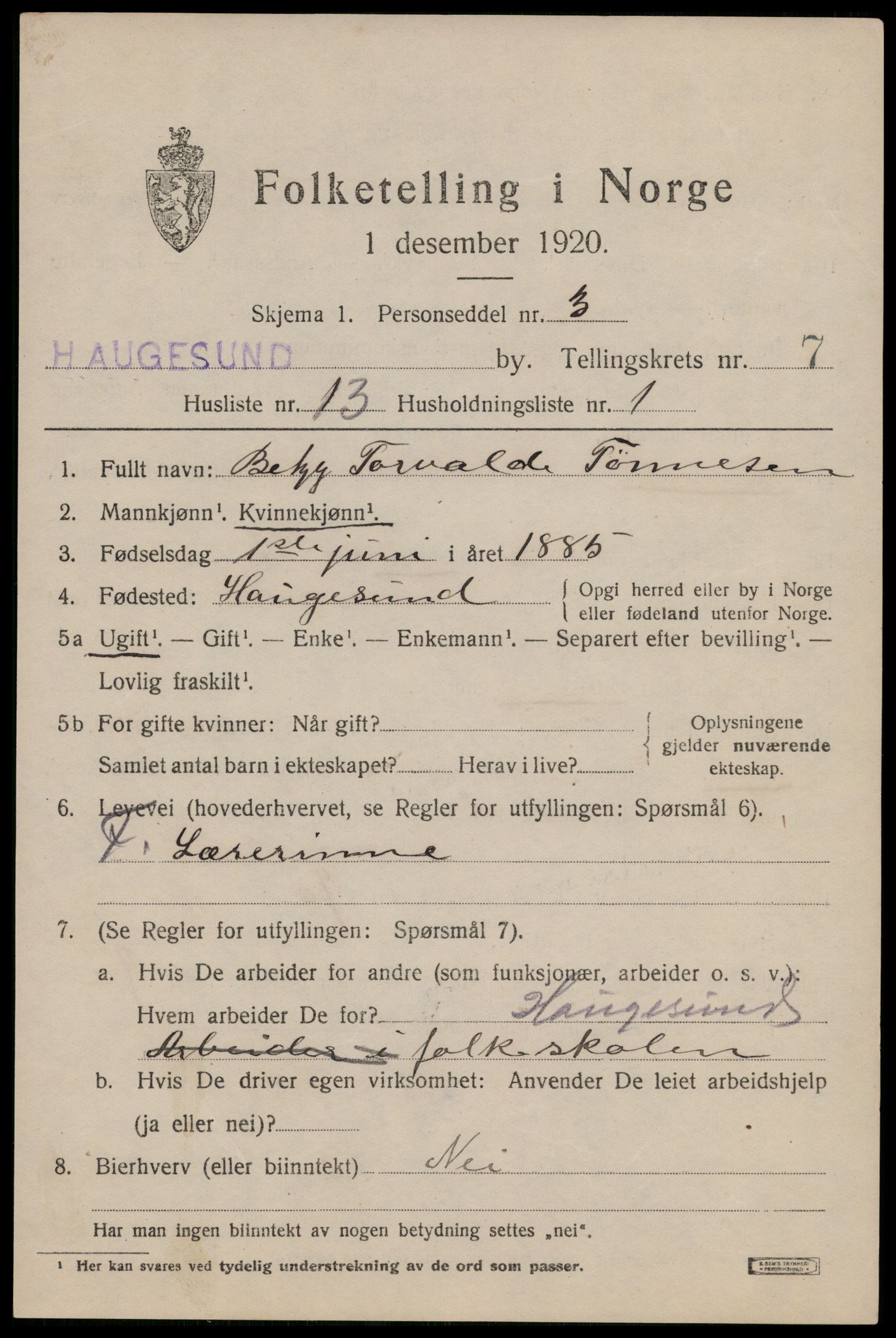 SAST, 1920 census for Haugesund, 1920, p. 25271