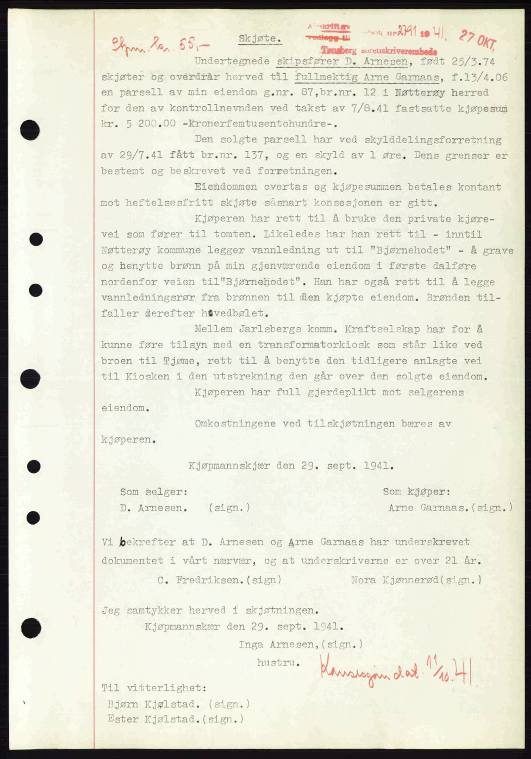 Tønsberg sorenskriveri, AV/SAKO-A-130/G/Ga/Gaa/L0010: Mortgage book no. A10, 1941-1941, Diary no: : 2791/1941