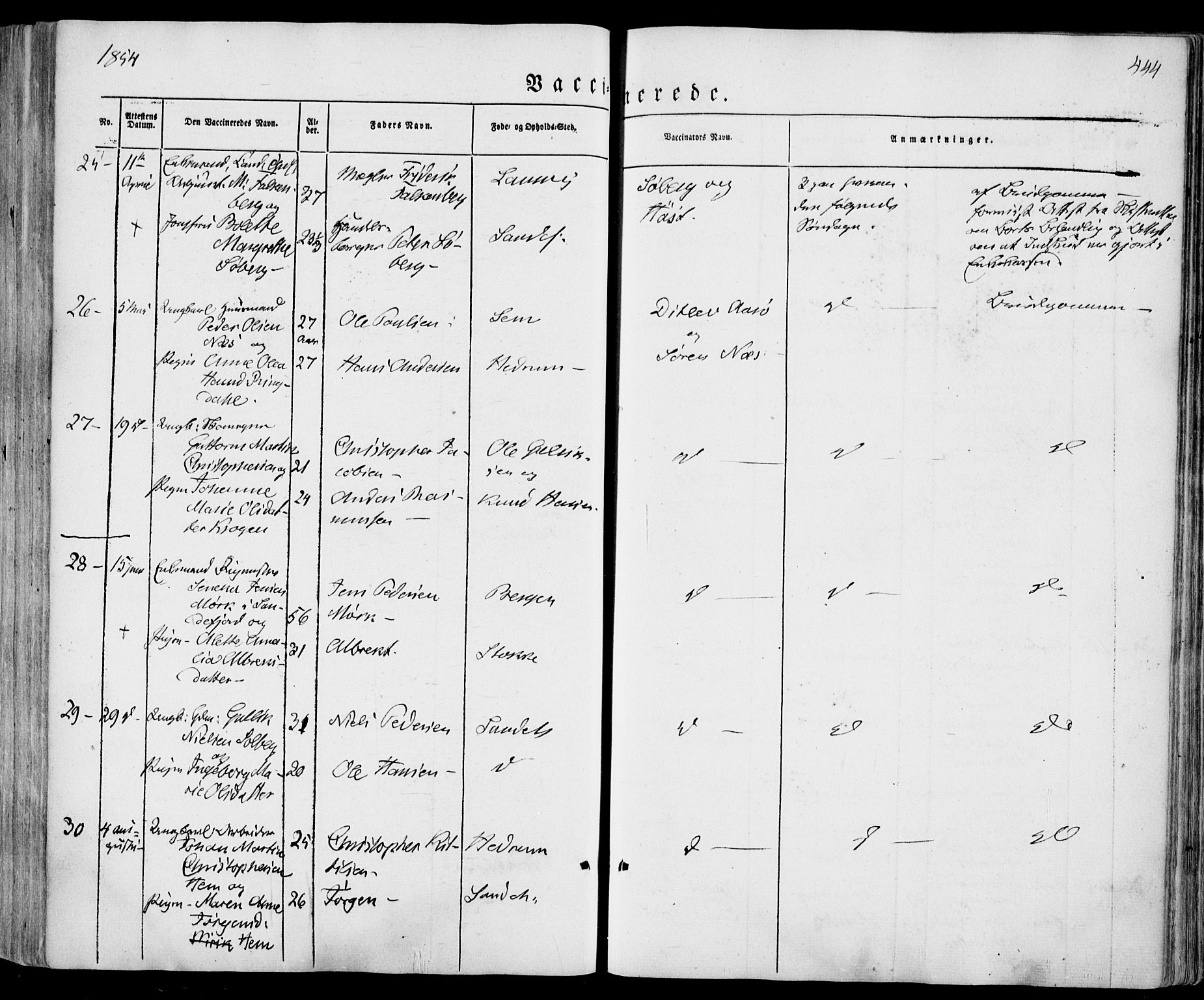 Sandar kirkebøker, SAKO/A-243/F/Fa/L0006: Parish register (official) no. 6, 1847-1860, p. 444