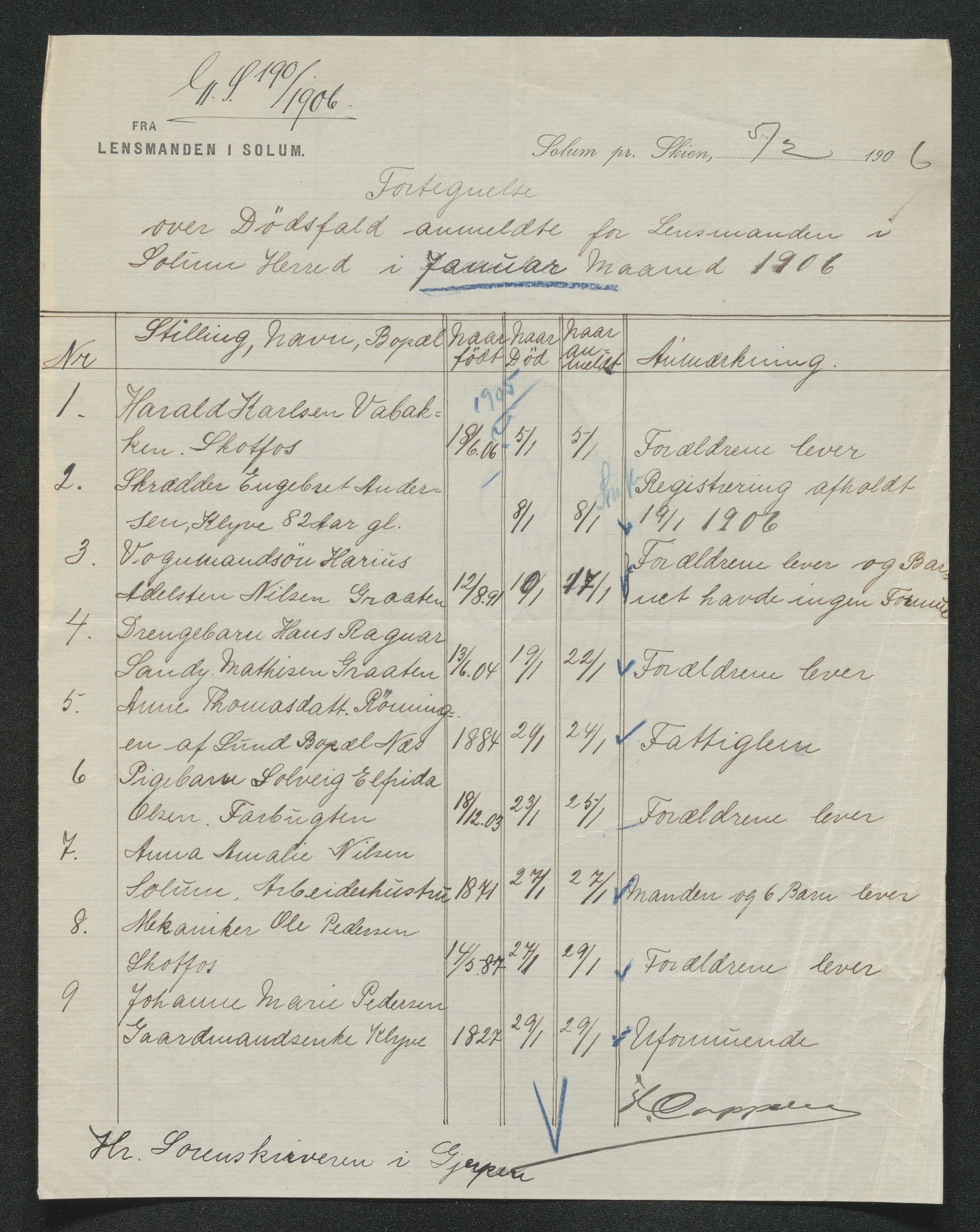 Gjerpen sorenskriveri, AV/SAKO-A-216/H/Ha/Hab/L0007: Dødsfallsmeldinger, Solum, 1899-1915, p. 248