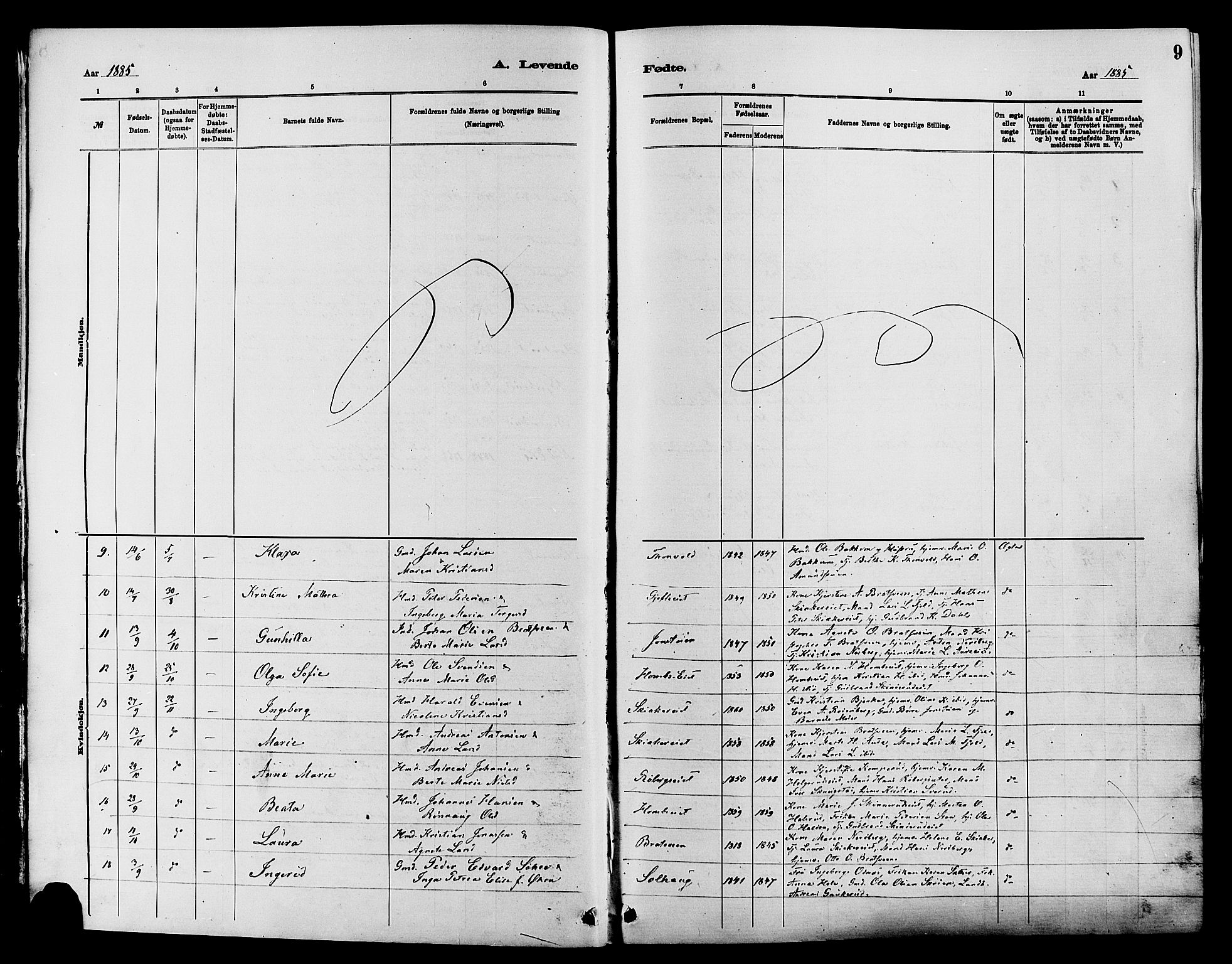 Nordre Land prestekontor, SAH/PREST-124/H/Ha/Haa/L0003: Parish register (official) no. 3, 1882-1896, p. 9