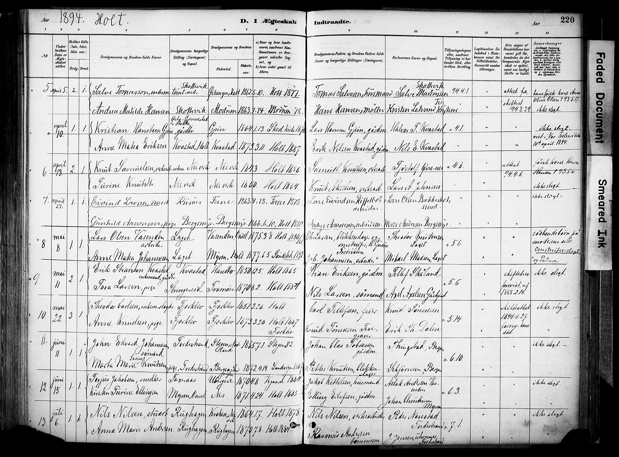 Holt sokneprestkontor, AV/SAK-1111-0021/F/Fa/L0012: Parish register (official) no. A 12, 1885-1907, p. 220