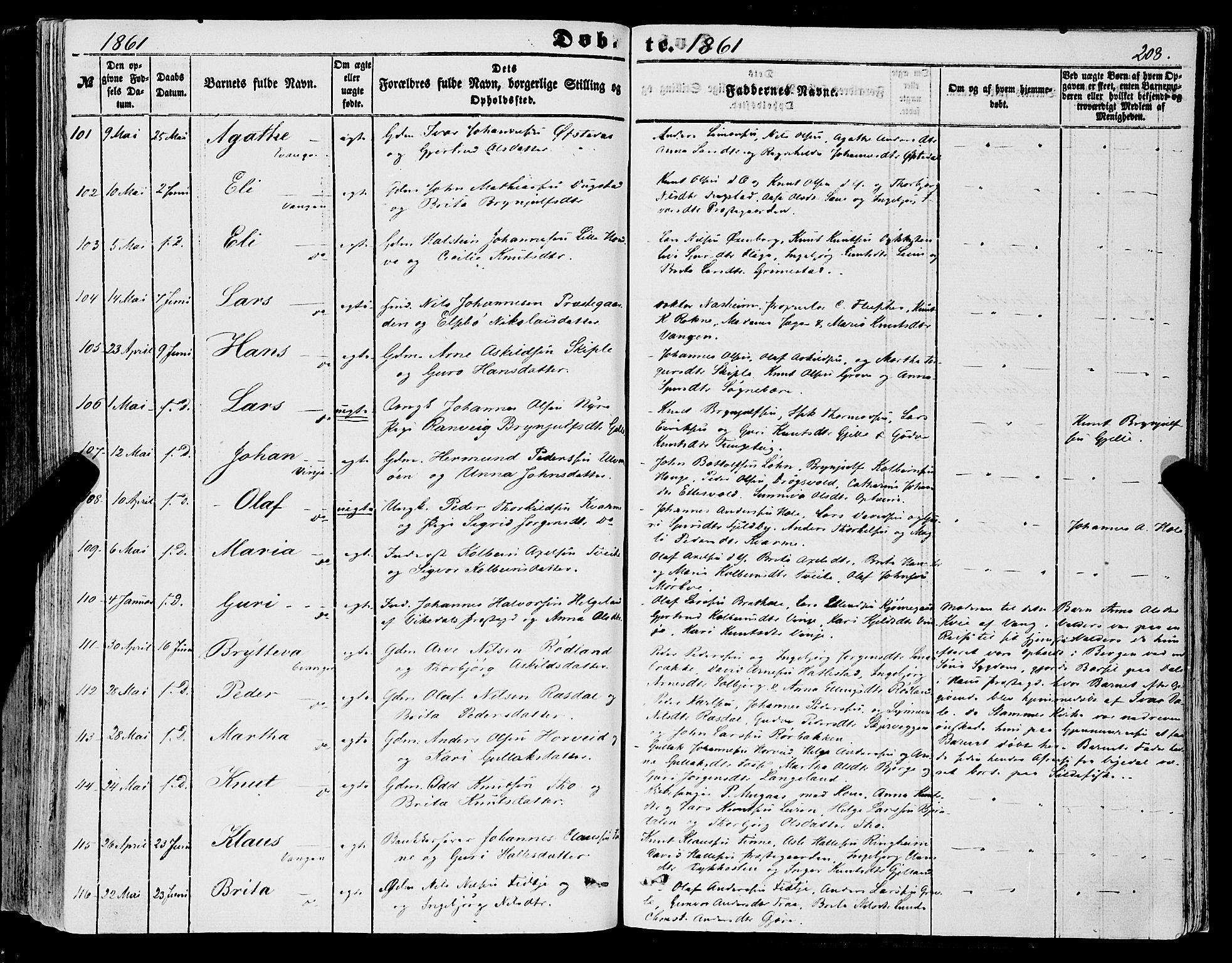 Voss sokneprestembete, SAB/A-79001/H/Haa: Parish register (official) no. A 16, 1849-1863, p. 208