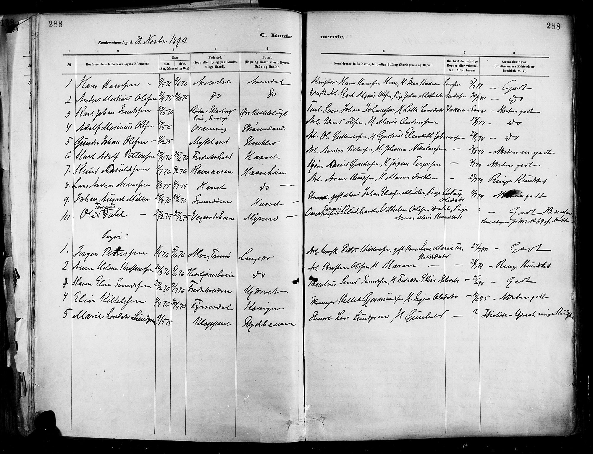 Barbu sokneprestkontor, AV/SAK-1111-0003/F/Fa/L0002: Parish register (official) no. A 2, 1883-1898, p. 288