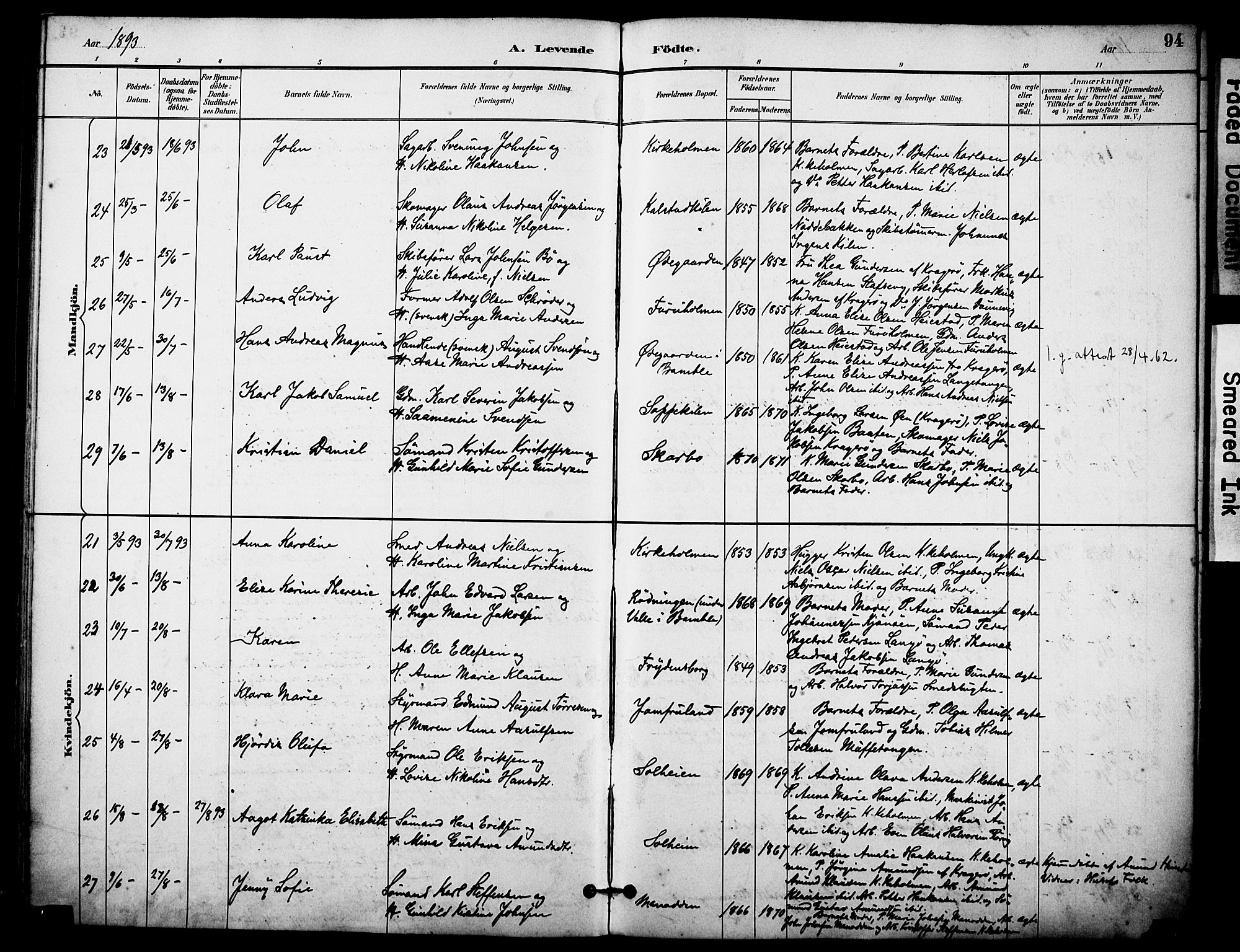 Skåtøy kirkebøker, AV/SAKO-A-304/F/Fa/L0002: Parish register (official) no. I 2, 1884-1899, p. 94