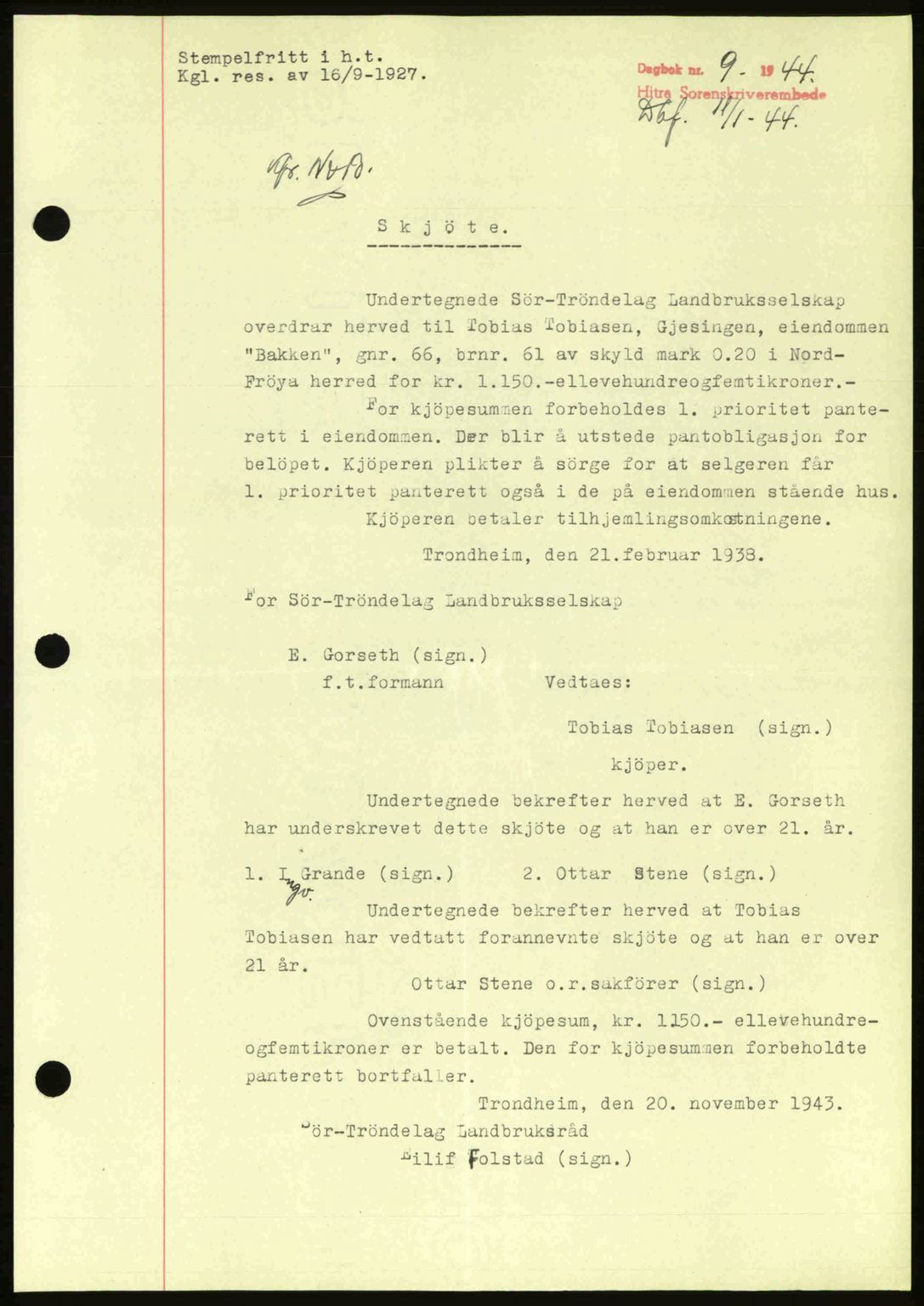 Hitra sorenskriveri, AV/SAT-A-0018/2/2C/2Ca: Mortgage book no. A2, 1943-1945, Diary no: : 9/1944