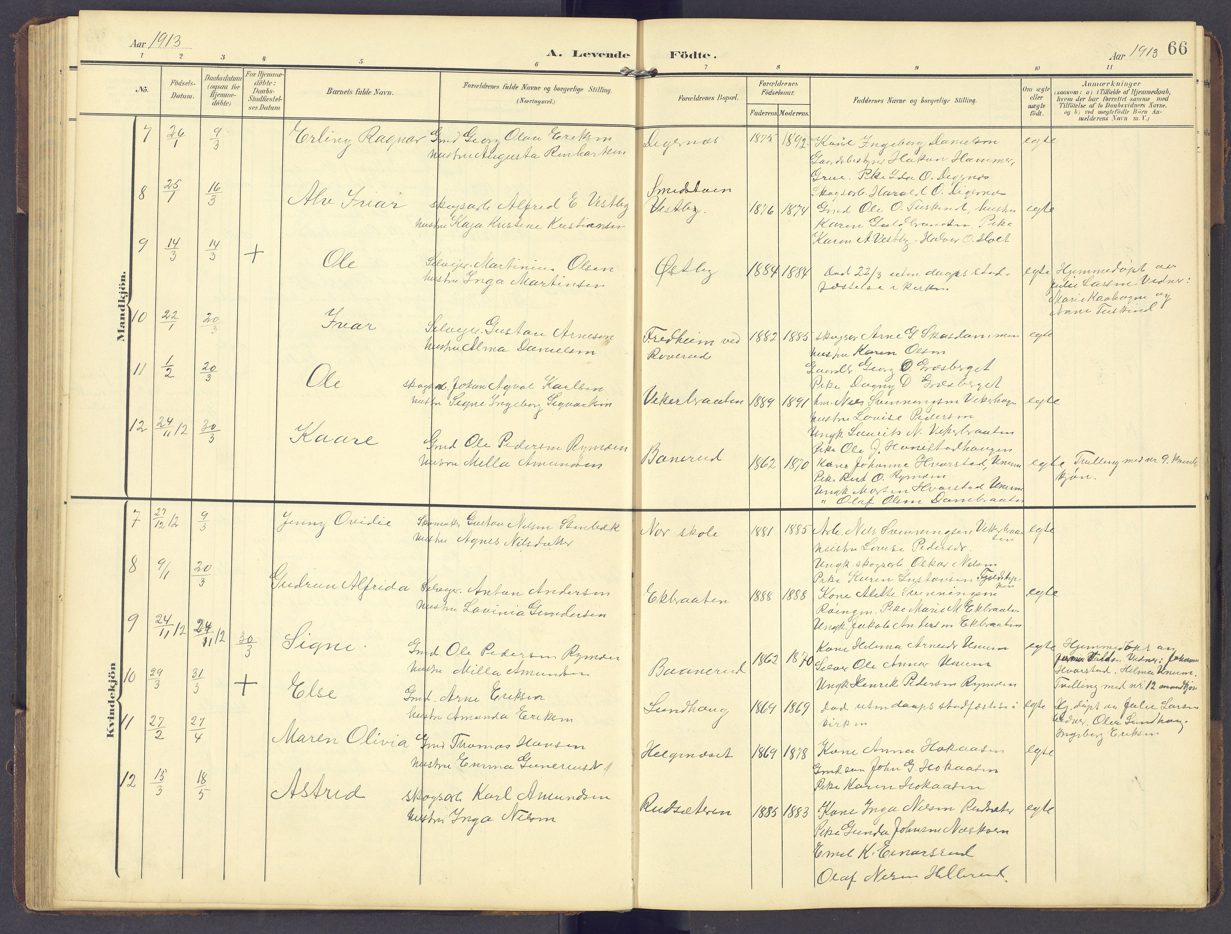 Brandval prestekontor, AV/SAH-PREST-034/H/Ha/Hab/L0003: Parish register (copy) no. 3, 1904-1917, p. 66