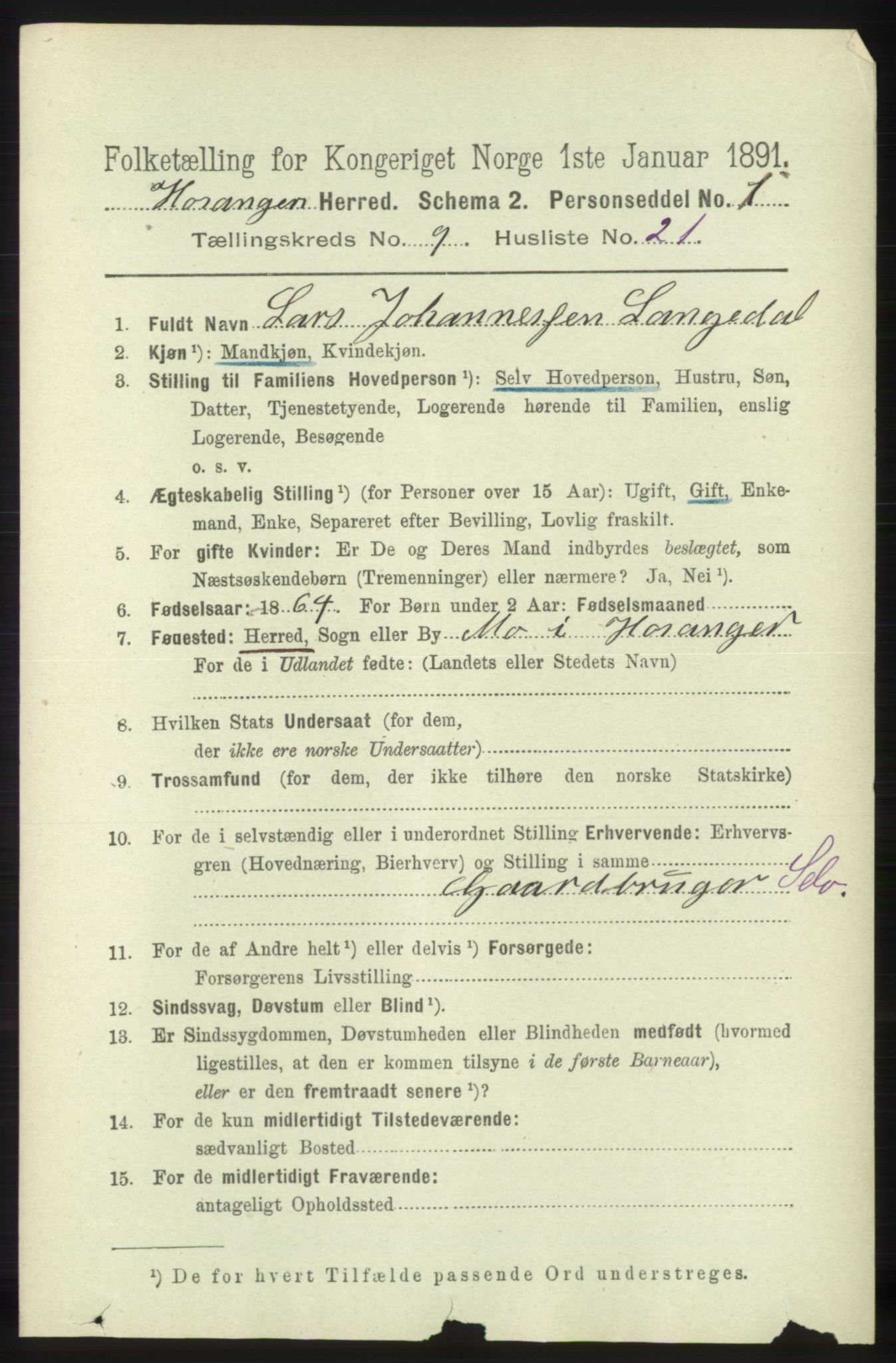 RA, 1891 census for 1253 Hosanger, 1891, p. 3415