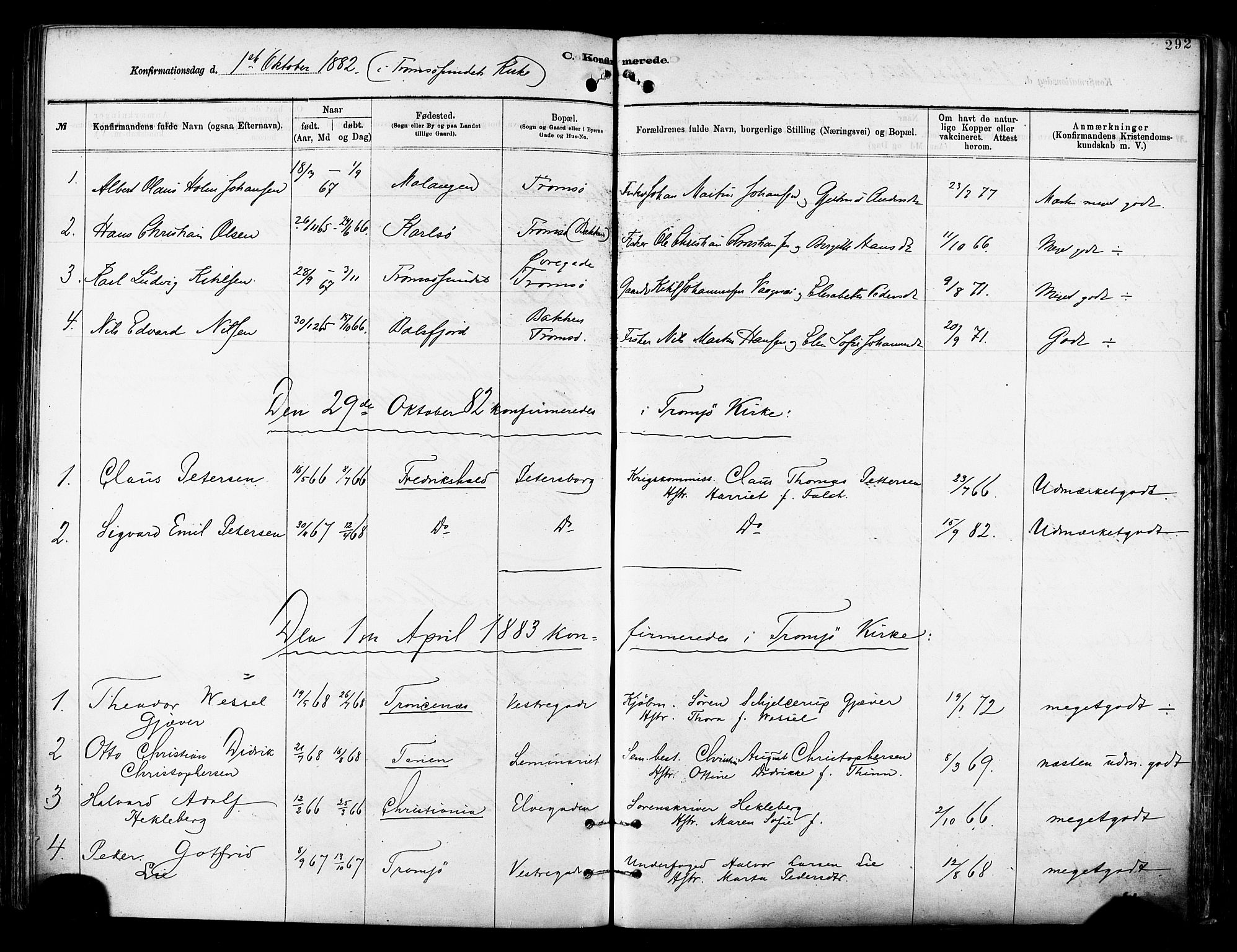 Tromsø sokneprestkontor/stiftsprosti/domprosti, SATØ/S-1343/G/Ga/L0014kirke: Parish register (official) no. 14, 1878-1888, p. 292