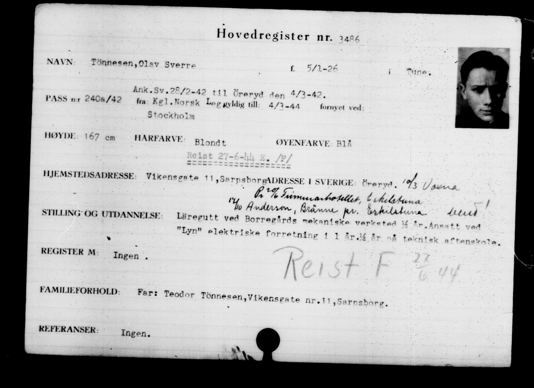 Utenriksstasjonene, Legasjonen i Stockholm, Flyktningkontoret, AV/RA-S-6753/V/Va/L0003: Kjesäterkartoteket, flyktninger med registreringsnr. 2001-3495, 1940-1945, p. 2000