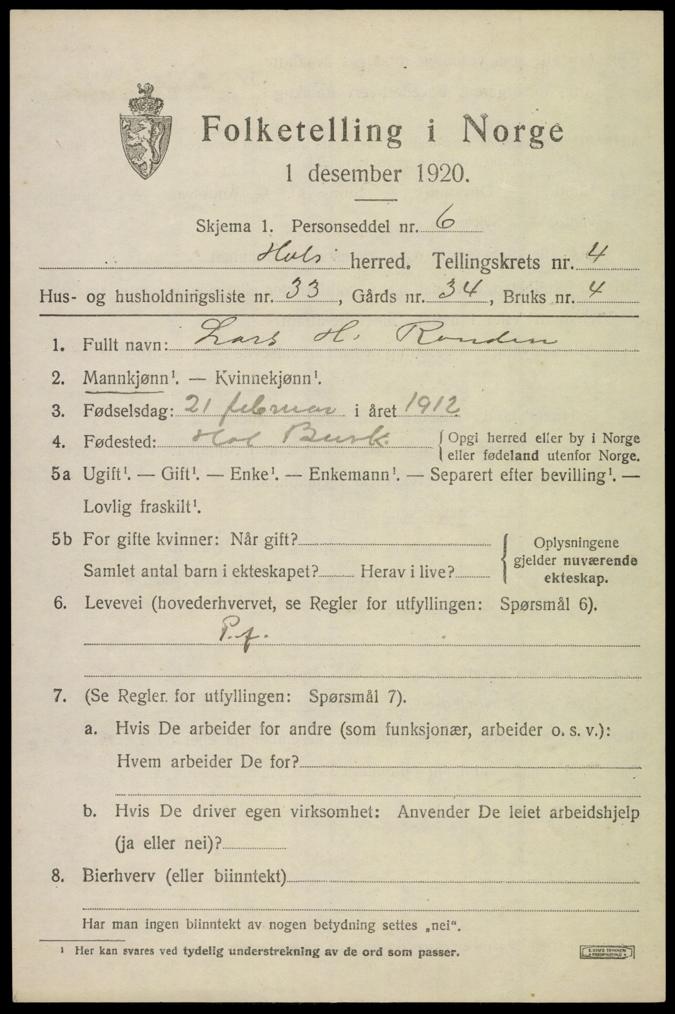 SAKO, 1920 census for Hol (Buskerud), 1920, p. 2783