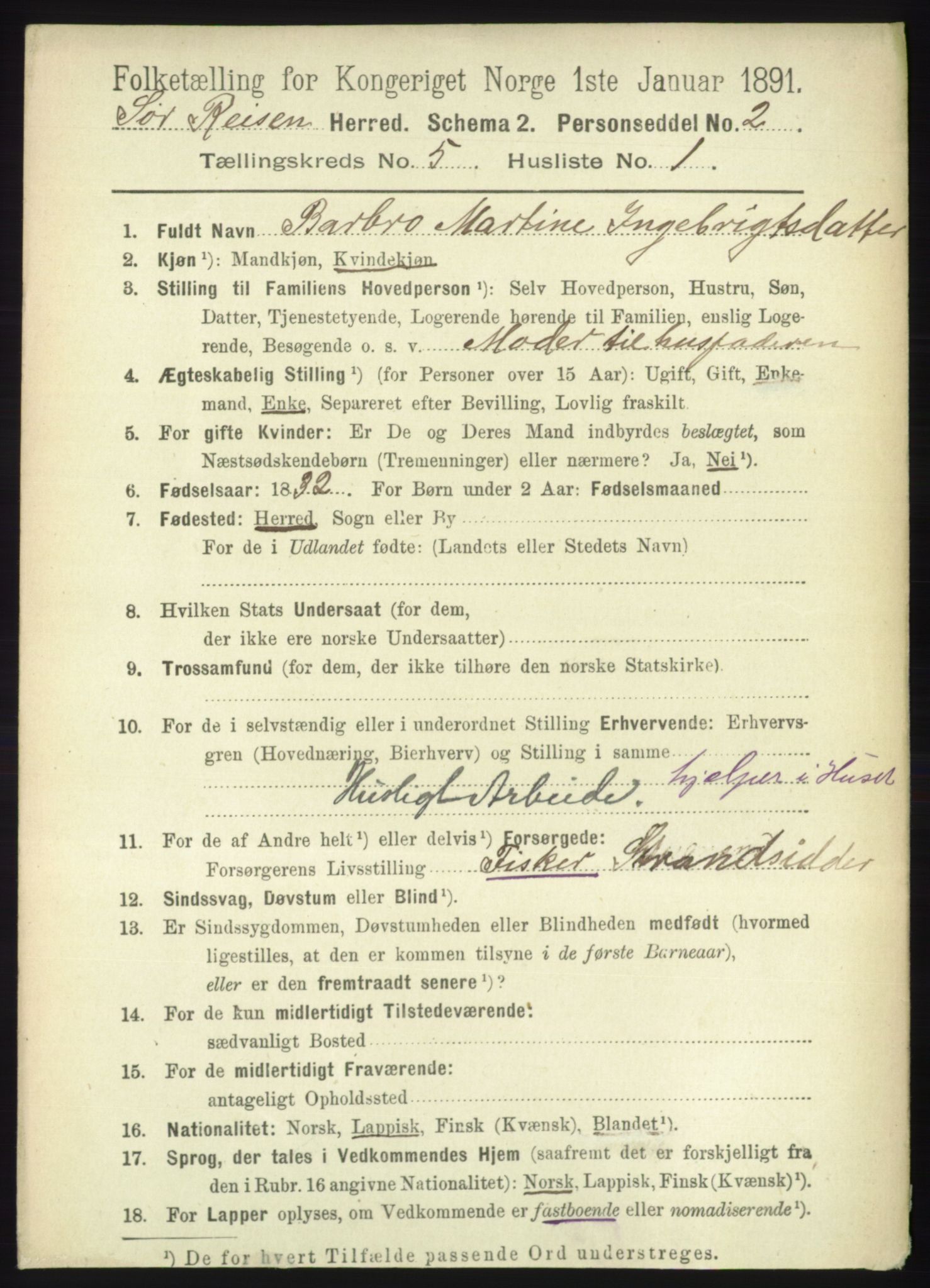 RA, 1891 census for 1925 Sørreisa, 1891, p. 1573