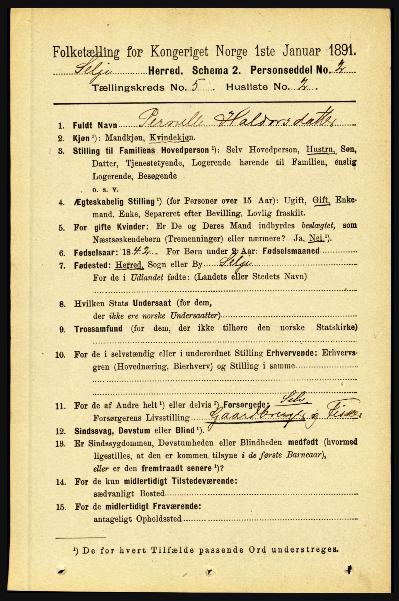 RA, 1891 census for 1441 Selje, 1891, p. 1404