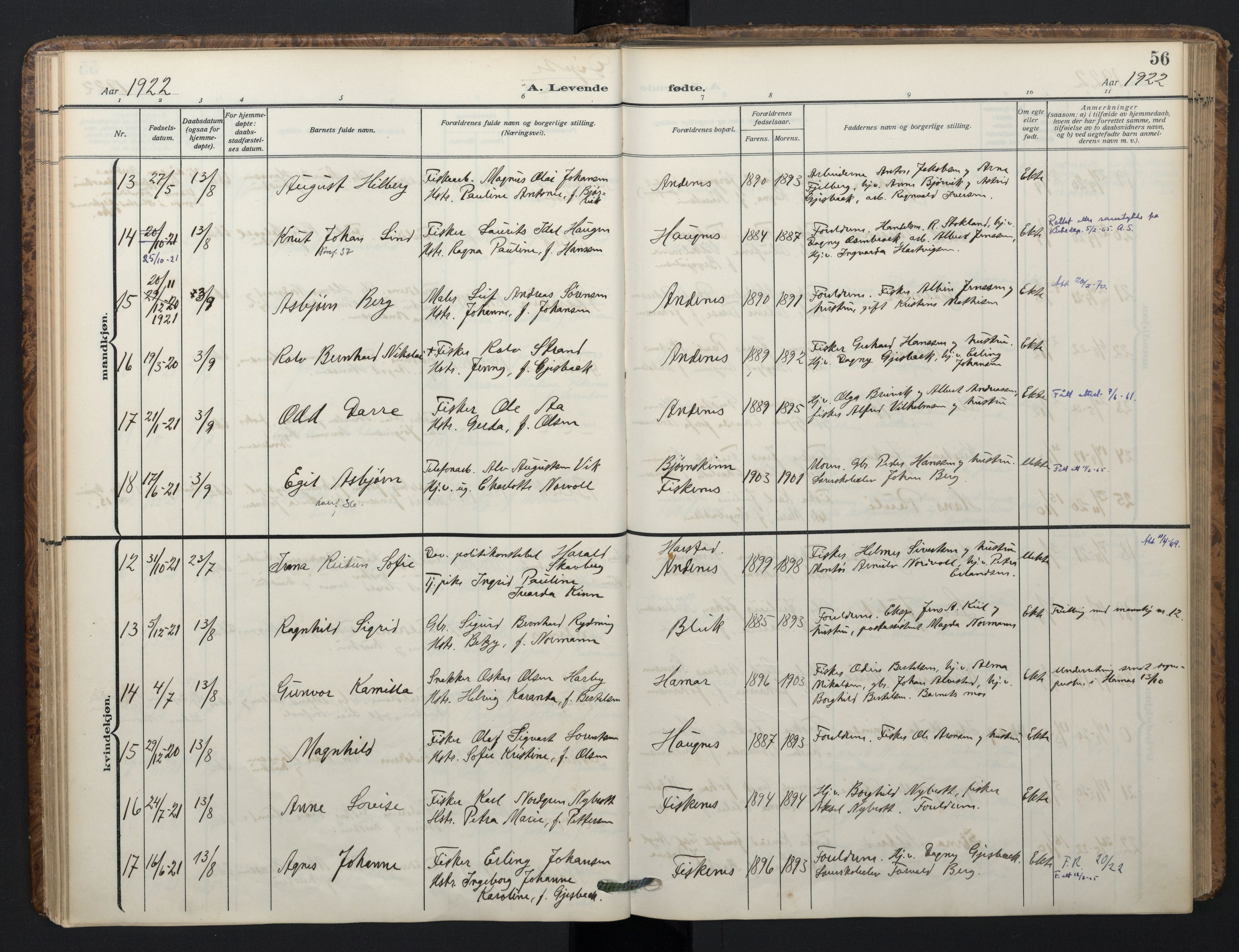 Ministerialprotokoller, klokkerbøker og fødselsregistre - Nordland, AV/SAT-A-1459/899/L1438: Parish register (official) no. 899A06, 1909-1922, p. 56