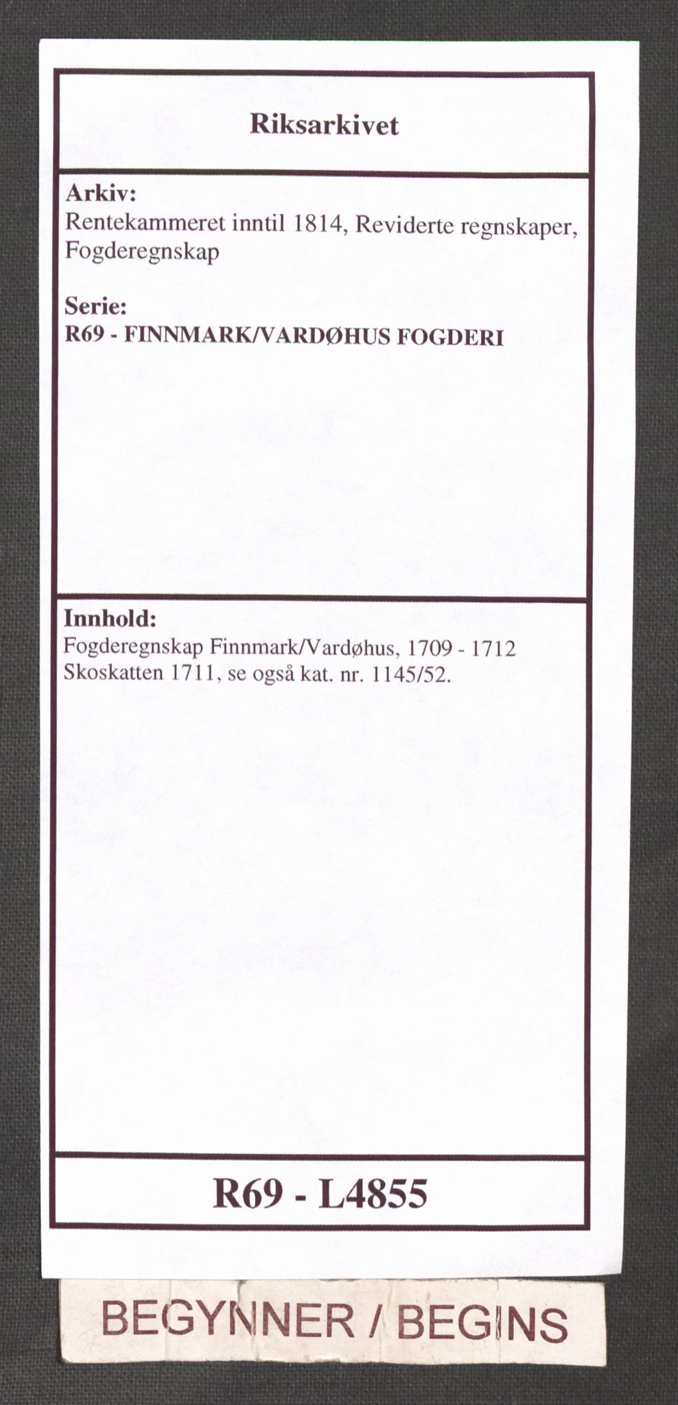 Rentekammeret inntil 1814, Reviderte regnskaper, Fogderegnskap, RA/EA-4092/R69/L4855: Fogderegnskap Finnmark/Vardøhus, 1709-1712, p. 1