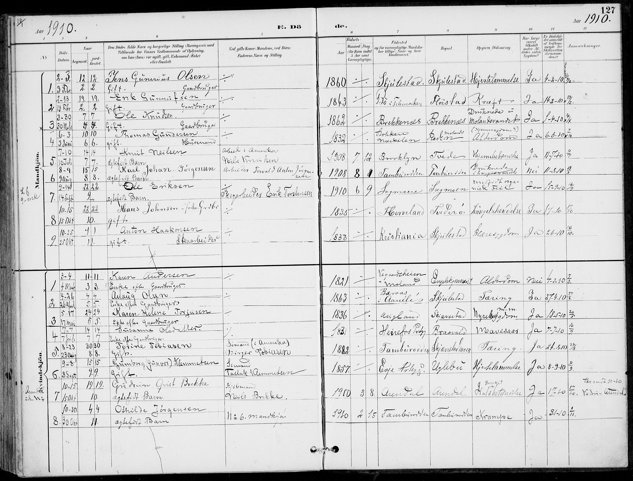 Austre Moland sokneprestkontor, AV/SAK-1111-0001/F/Fa/Faa/L0011: Parish register (official) no. A 11, 1894-1915, p. 127