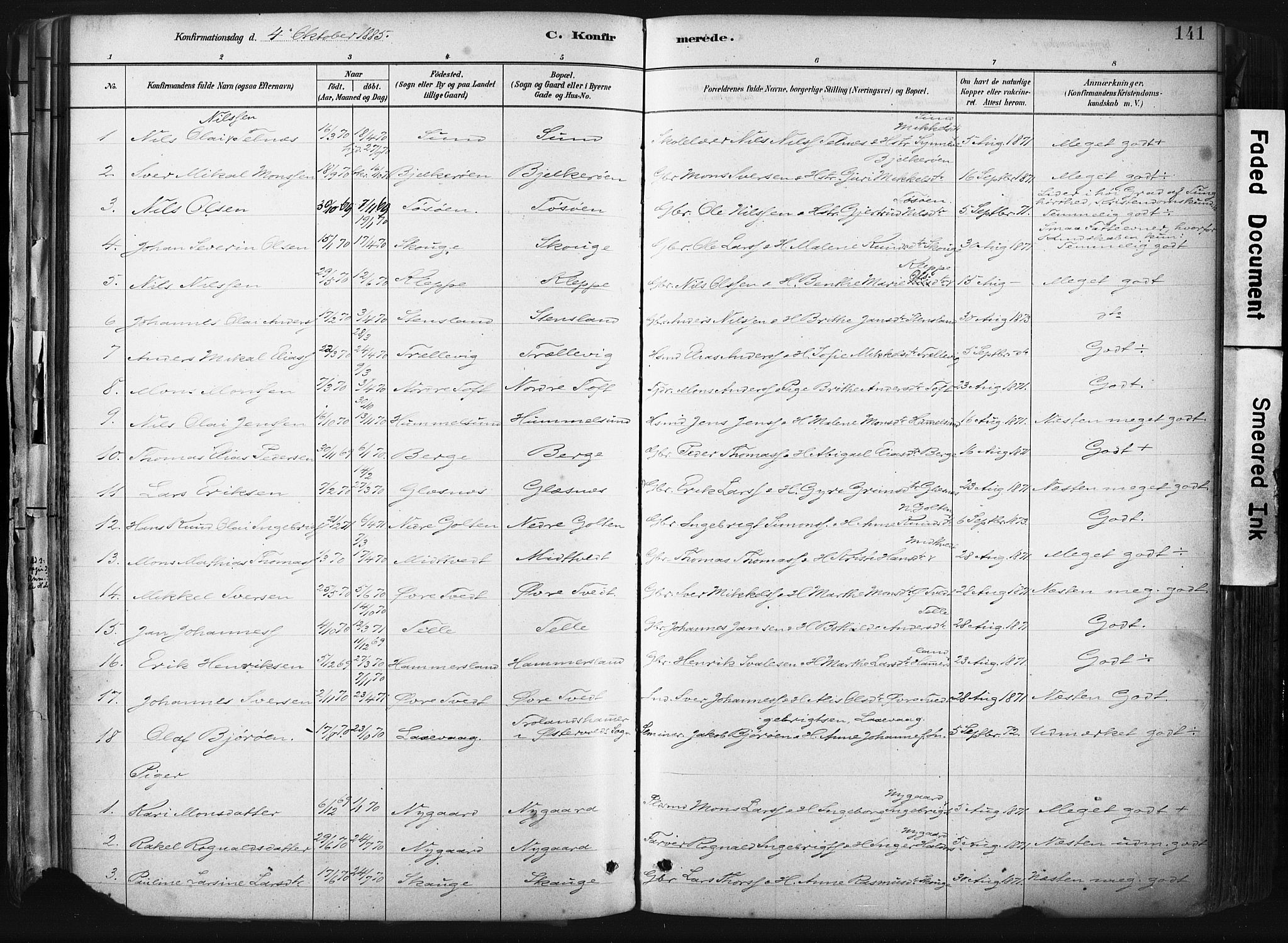 Sund sokneprestembete, SAB/A-99930: Parish register (official) no. B 1, 1882-1907, p. 141