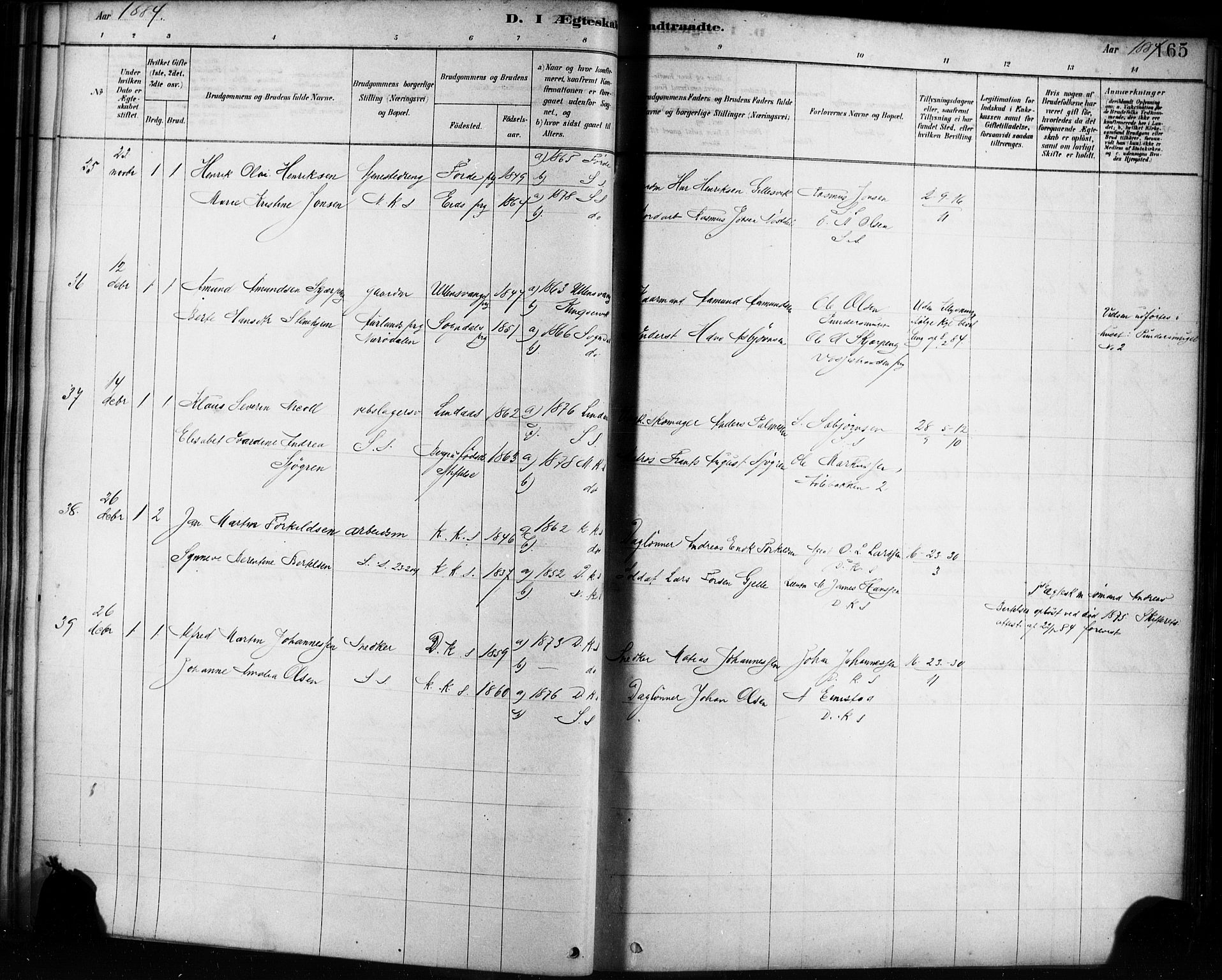 Sandviken Sokneprestembete, AV/SAB-A-77601/H/Ha/L0002: Parish register (official) no. A 2, 1878-1896, p. 165