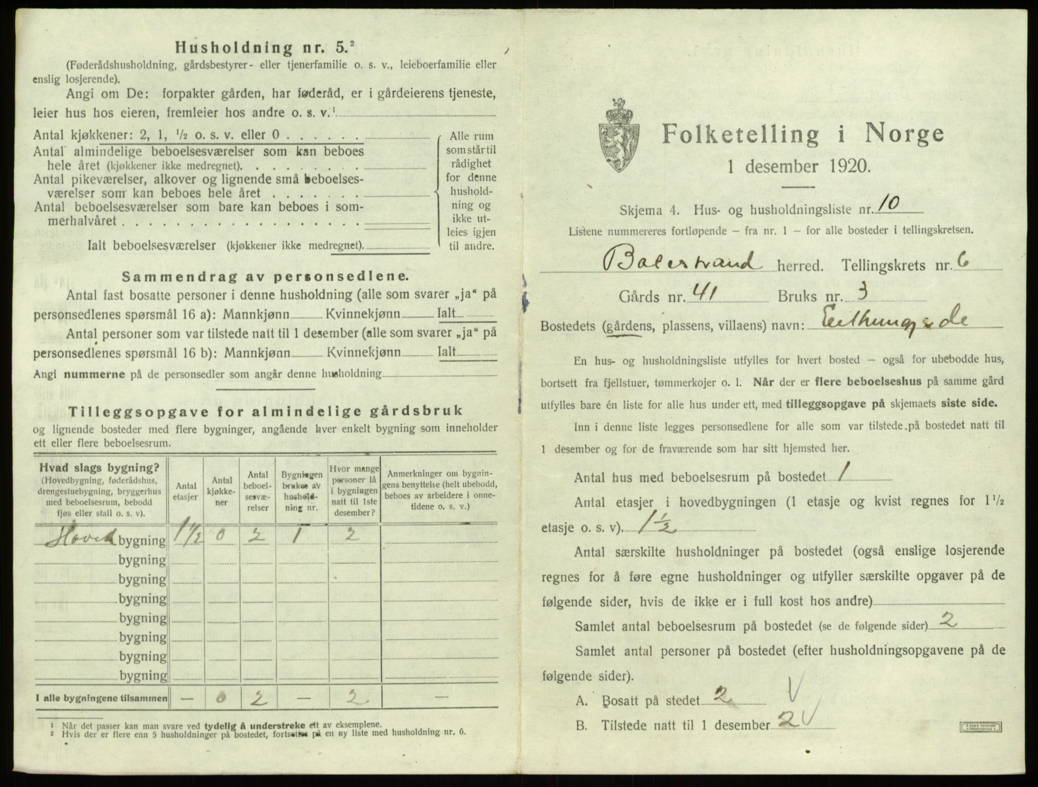 SAB, 1920 census for Balestrand, 1920, p. 416