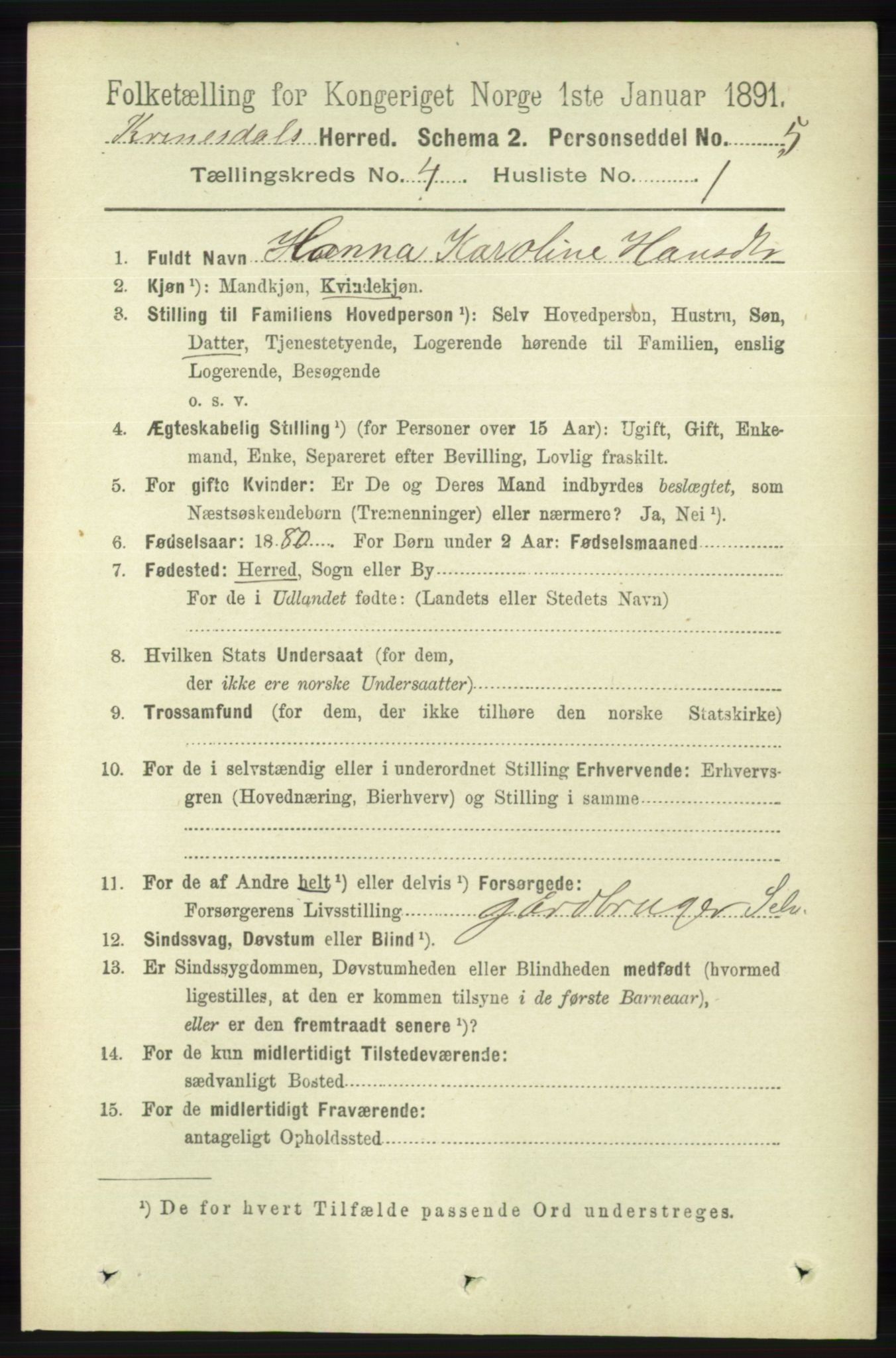 RA, 1891 census for 1037 Kvinesdal, 1891, p. 1436