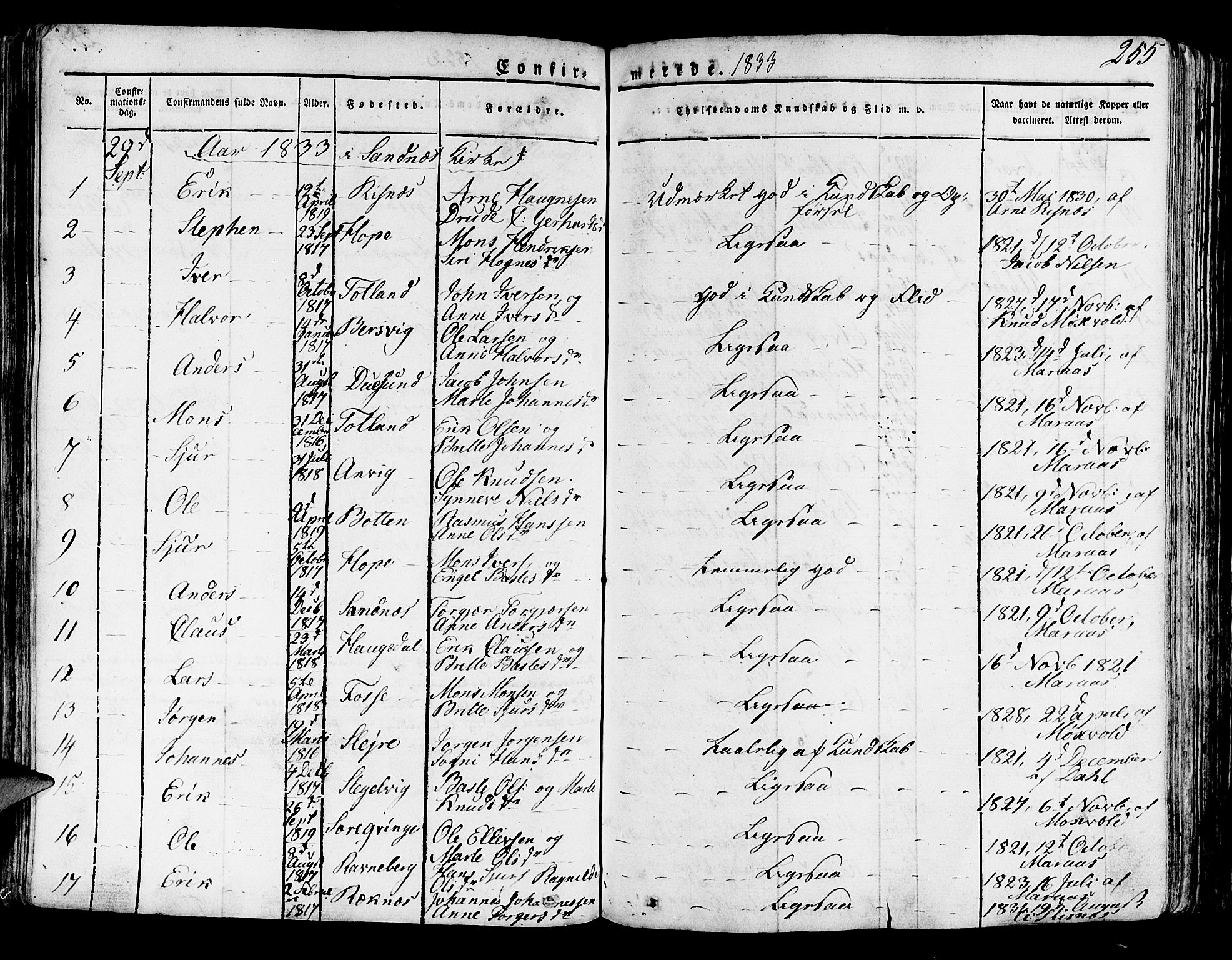 Lindås Sokneprestembete, AV/SAB-A-76701/H/Haa/Haaa/L0008: Parish register (official) no. A 8, 1823-1836, p. 255