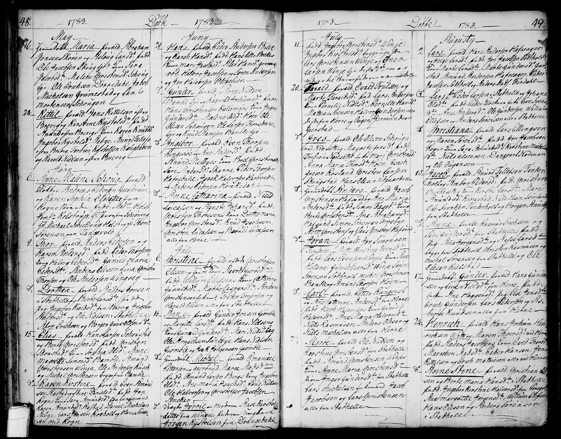Bamble kirkebøker, AV/SAKO-A-253/F/Fa/L0002: Parish register (official) no. I 2, 1775-1814, p. 48-49