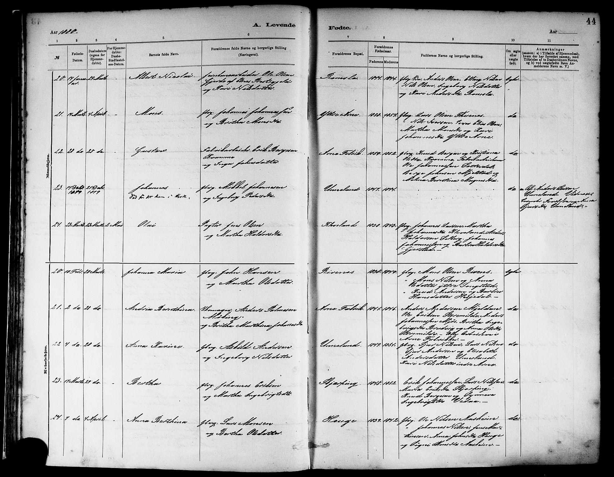 Haus sokneprestembete, AV/SAB-A-75601/H/Haa: Parish register (official) no. A 19I, 1878-1886, p. 44