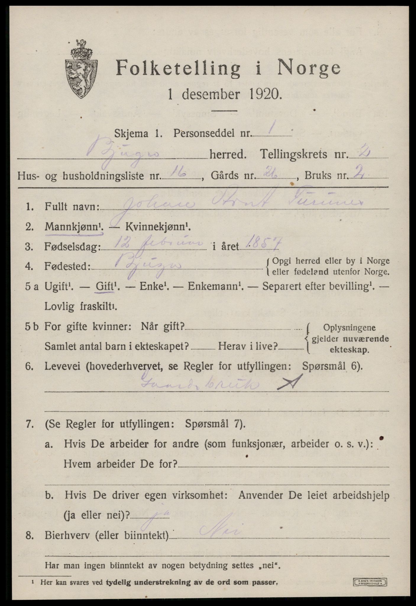 SAT, 1920 census for Bjugn, 1920, p. 1439