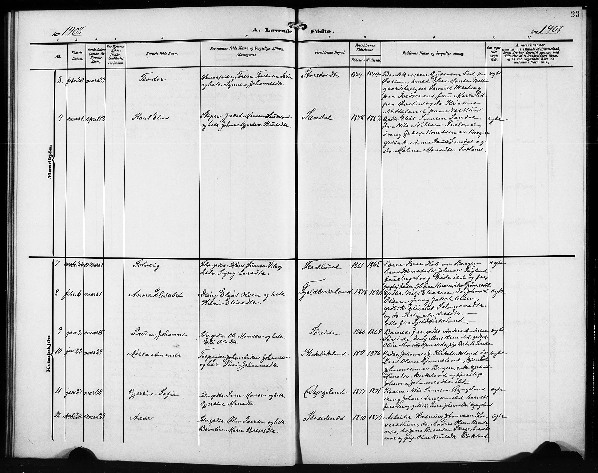 Birkeland Sokneprestembete, AV/SAB-A-74601/H/Hab: Parish register (copy) no. A 6, 1906-1915, p. 23