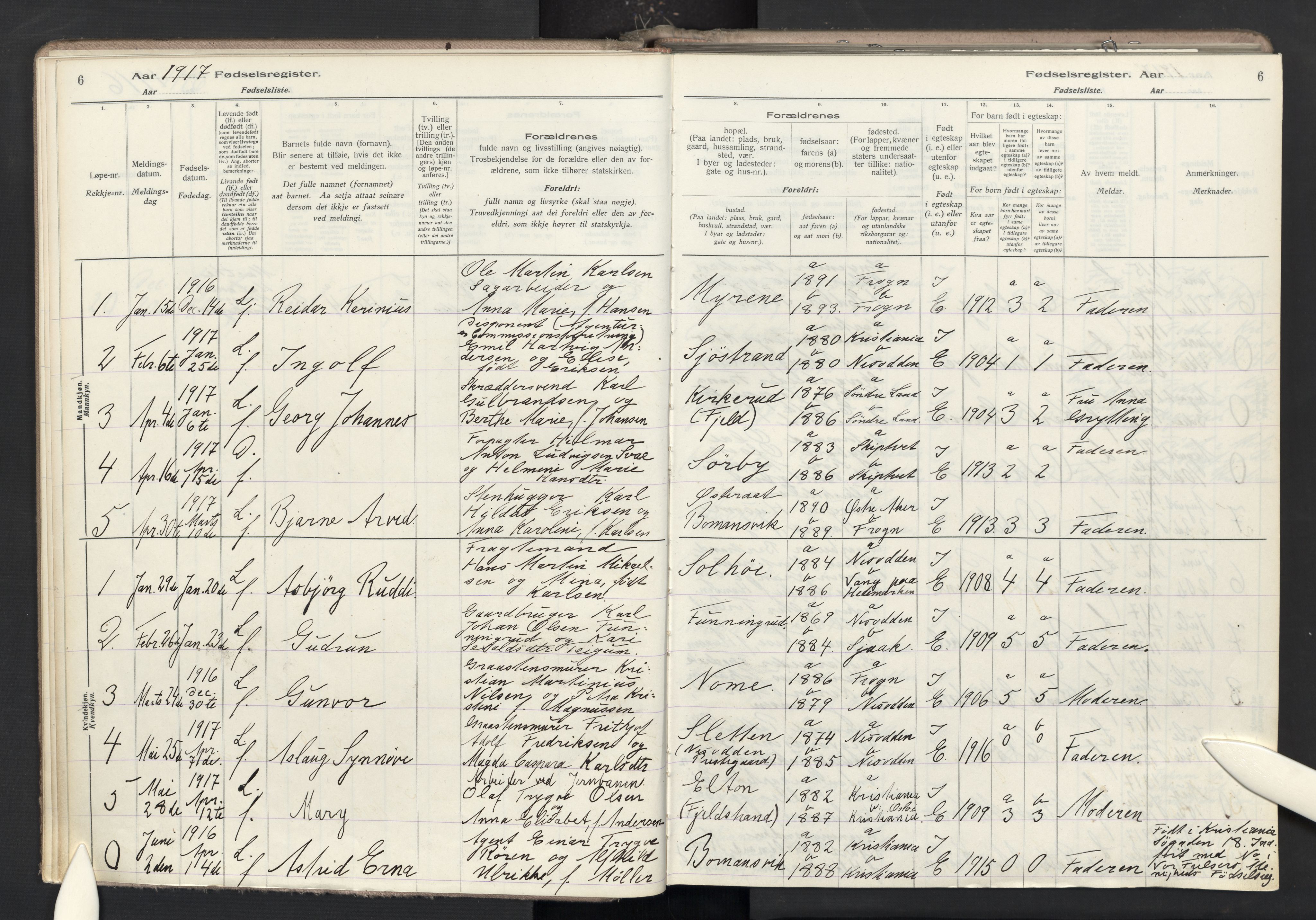 Nesodden prestekontor Kirkebøker, AV/SAO-A-10013/J/Ja/L0001: Birth register no. I 1, 1916-1946, p. 6