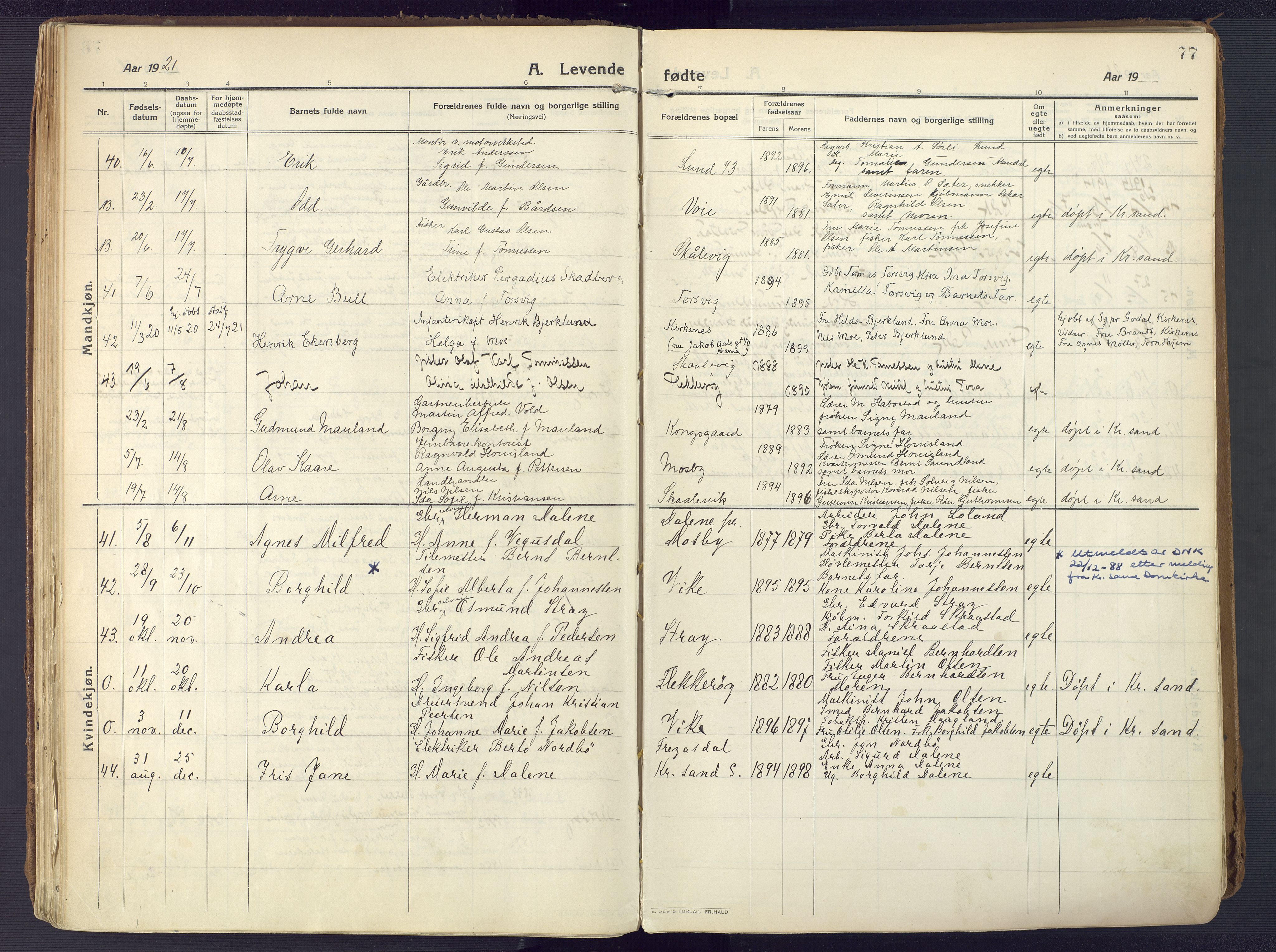 Oddernes sokneprestkontor, AV/SAK-1111-0033/F/Fa/Faa/L0012: Parish register (official) no. A 12, 1912-1925, p. 77