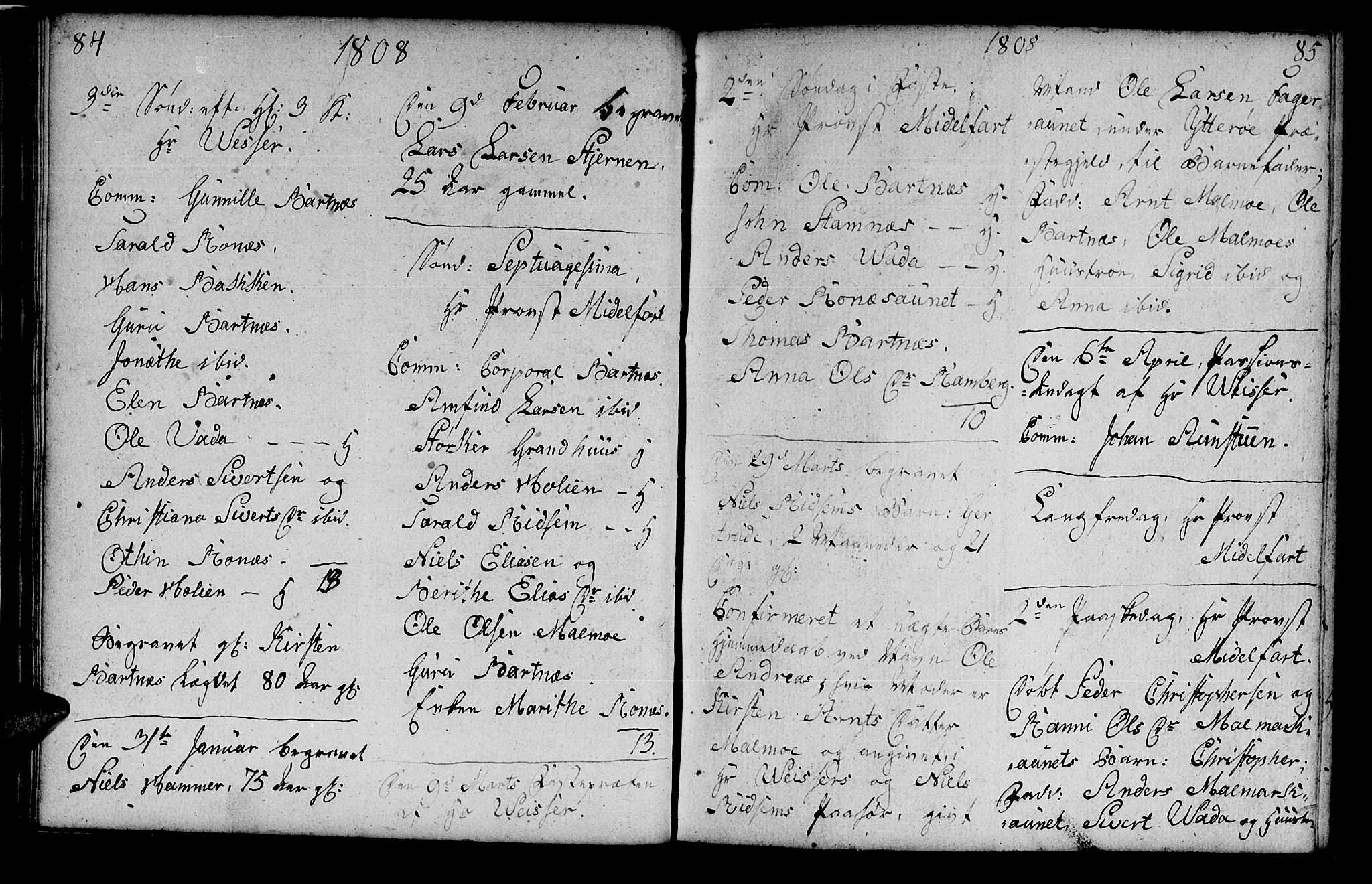 Ministerialprotokoller, klokkerbøker og fødselsregistre - Nord-Trøndelag, SAT/A-1458/745/L0432: Parish register (copy) no. 745C01, 1802-1814, p. 84-85