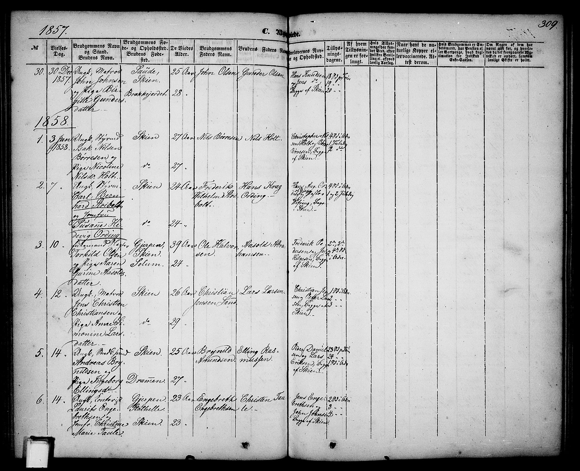 Skien kirkebøker, SAKO/A-302/G/Ga/L0004: Parish register (copy) no. 4, 1843-1867, p. 309