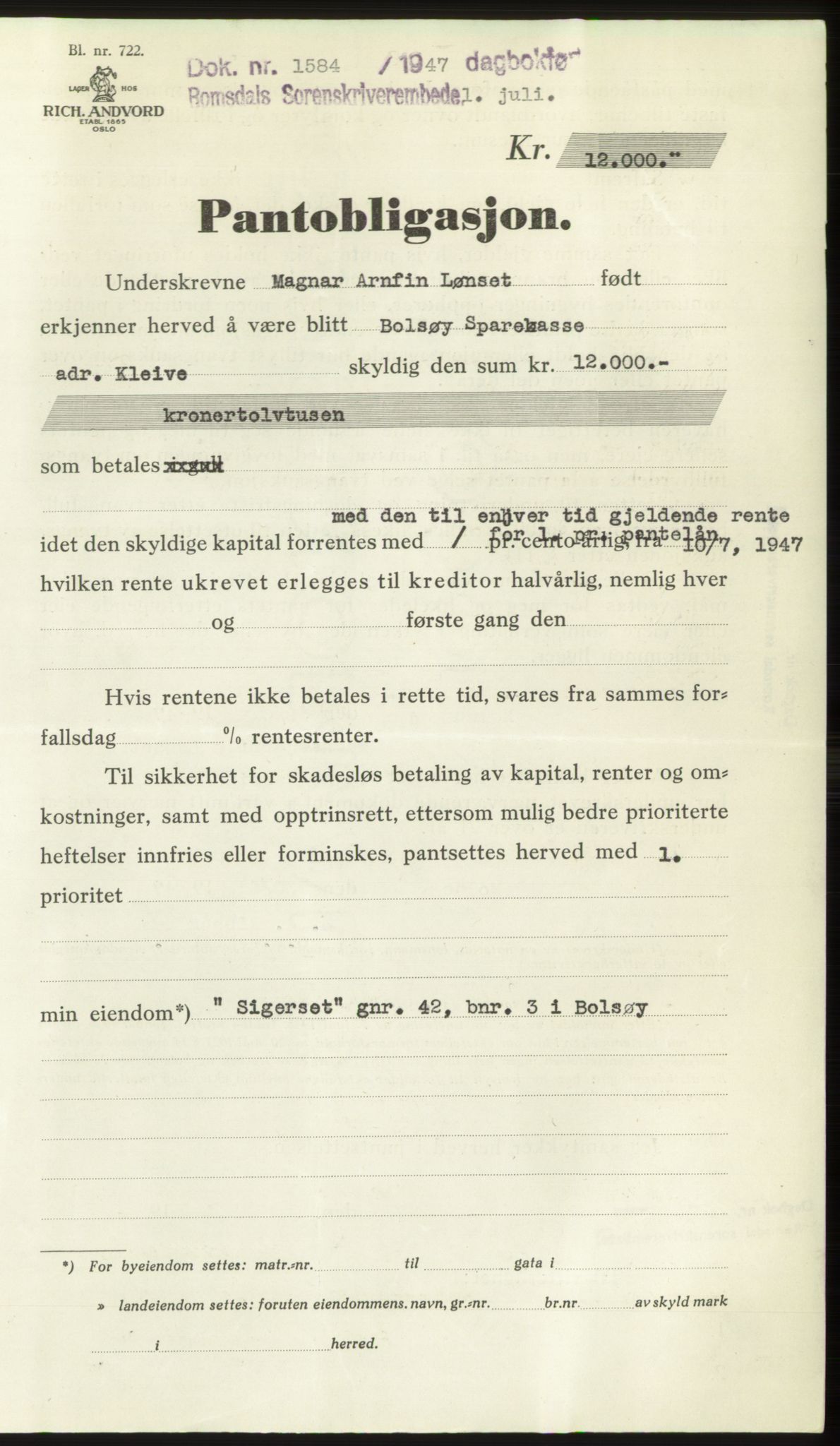 Romsdal sorenskriveri, AV/SAT-A-4149/1/2/2C: Mortgage book no. B3, 1946-1948, Diary no: : 1584/1947