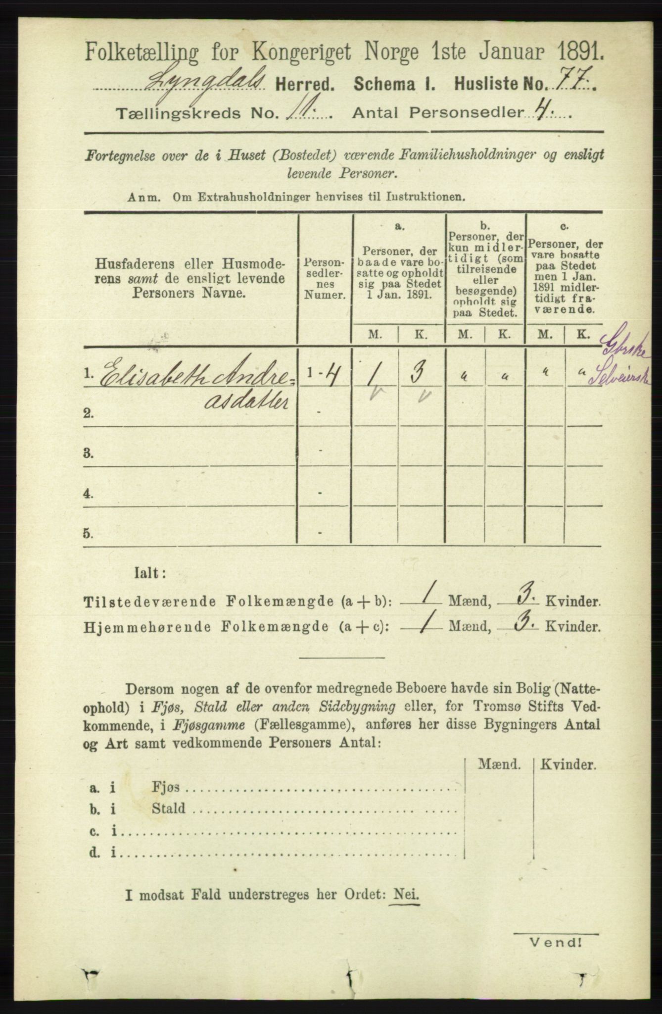 RA, 1891 census for 1032 Lyngdal, 1891, p. 4812