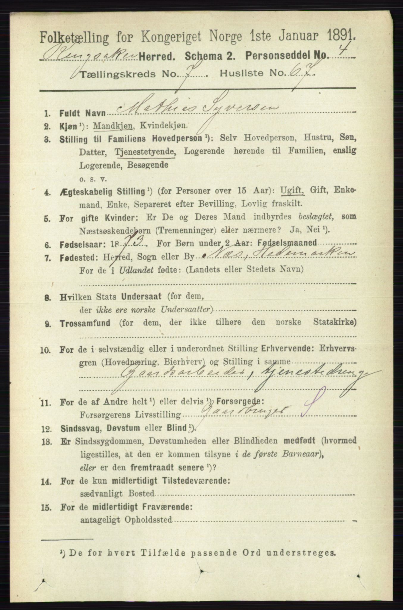 RA, 1891 census for 0412 Ringsaker, 1891, p. 4338